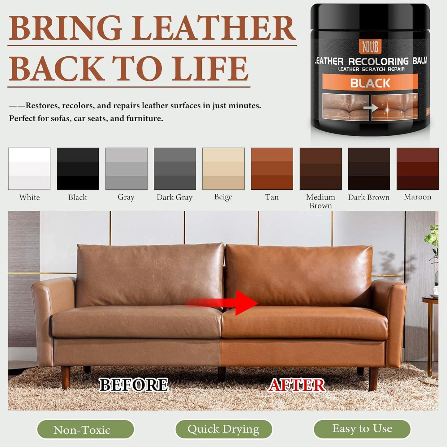 Leather Recoloring Balm Leather Color Restorer Scratch Repair Leather Paint for Furniture Couches Car Seats Shoes Bags Leather Dye and Scratched Leather with Leather Conditioner - Medium Brown