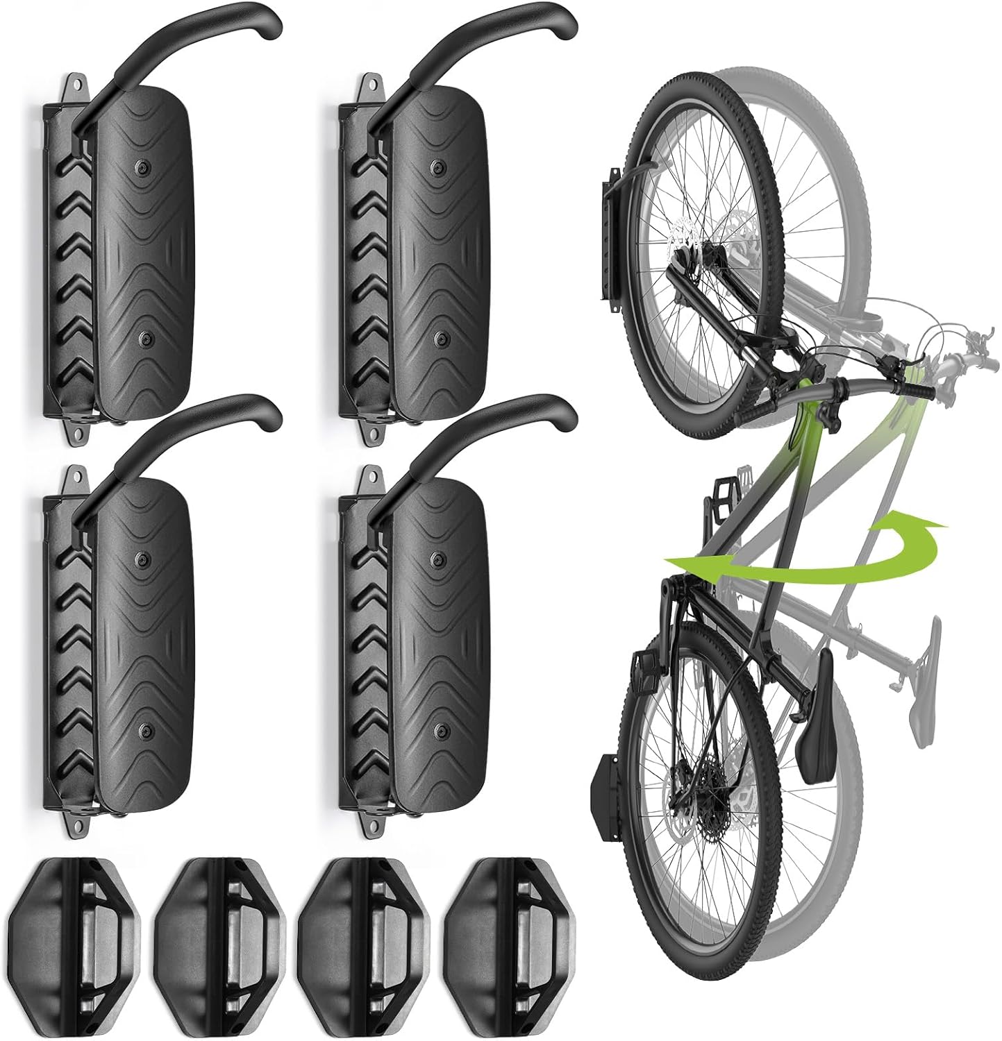 Swivel Bike Wall Mount [4 Pack], 150° Swivel Vertical Bike Rack Wall Hanger Holds up to 66lbs for Mountain/Road/Hybrid Bikes, Bike Hangers, Bicycle Storage Rack for Garage