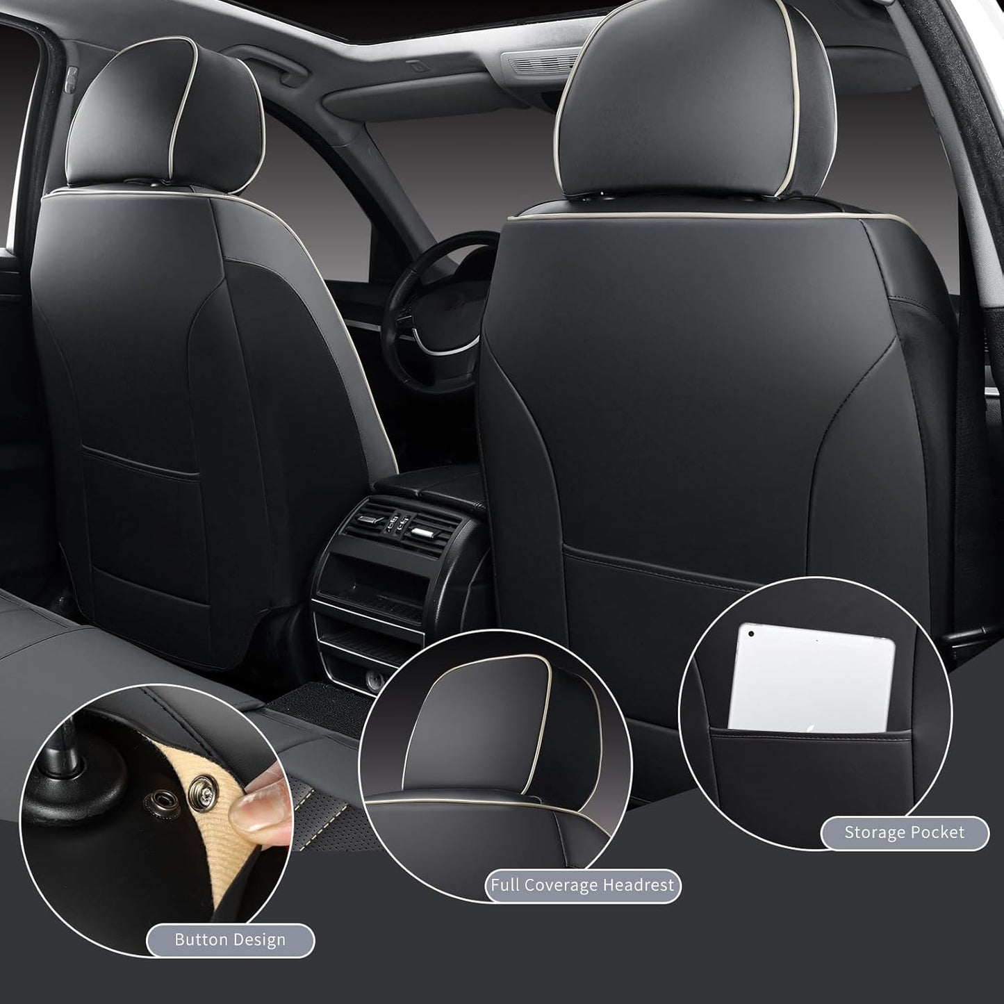 Leather Car Seat Covers 5 Pieces, Full Set Universal Seat Covers for Cars, Waterproof Nappa Leather Auto Seat Protectors, Black Car Seat Cover Most Sedans SUV Pick-up Truck Black&BeigeLine