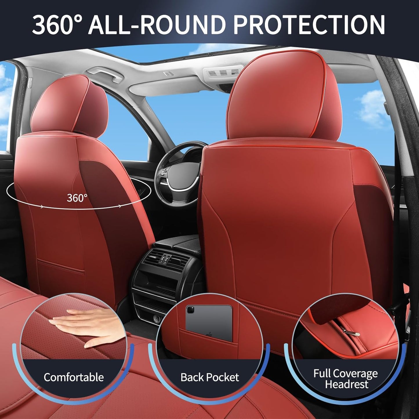 Red Car Seat Covers,Leather Car Seat Covers 2 Front Seats,Waterproof Breathable Full Wrapping Edge Seat Covers, Luxury Automotive Seat Protecor Covers for Most Cars