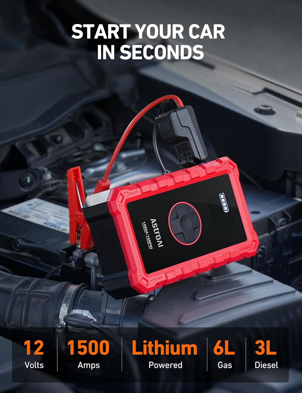 AstroAI S8 Air Jump Starter with Air Compressor, 1500A Peak Car Battery Jump Starter Portable (6.0 Gas/3.0L Diesel) with 150PSI Cordless Auto-Shutoff Tire Inflator, 12V Battery Charger Booster(Red)