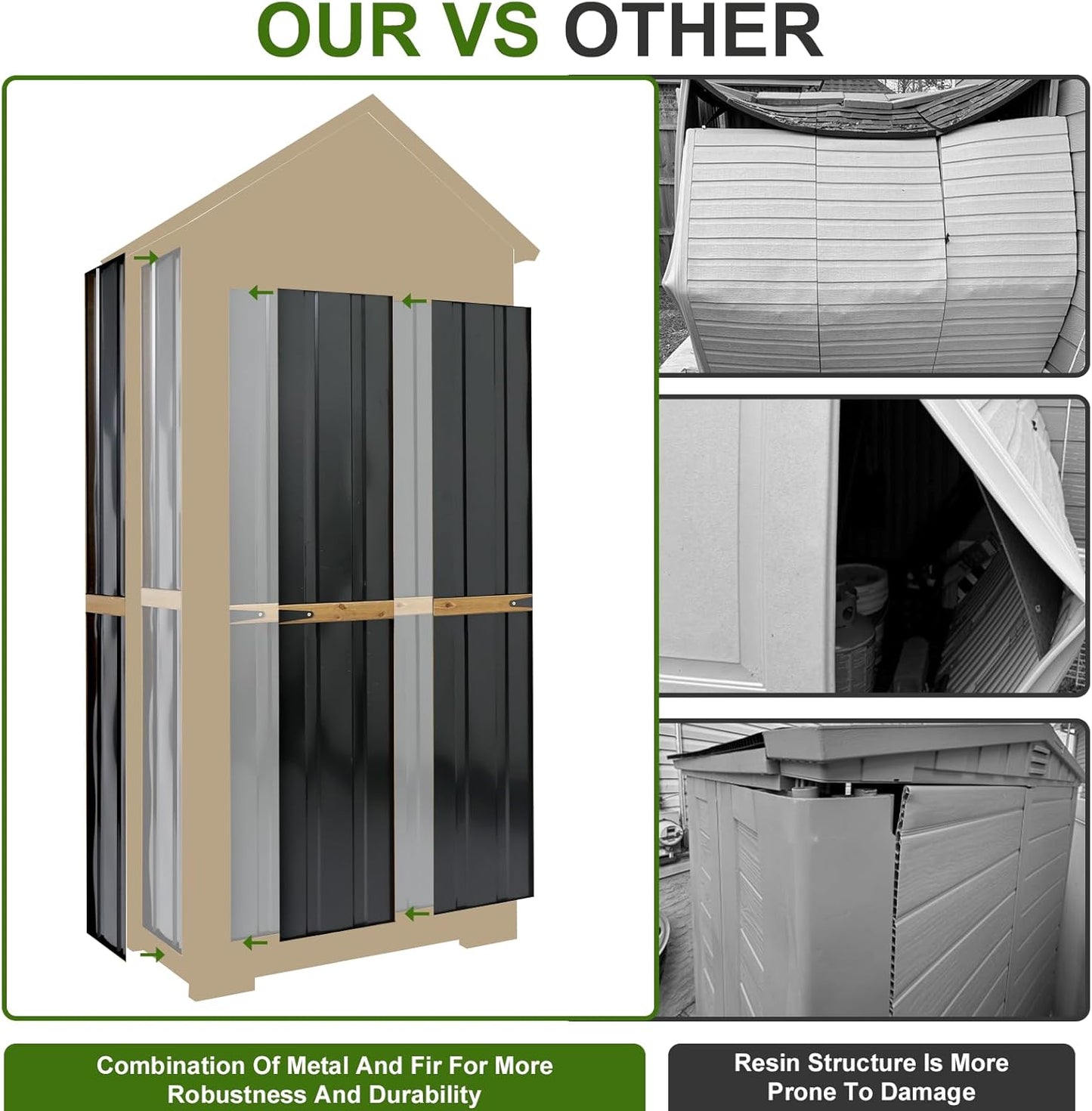 Wood & Metal Outdoor Storage Cabinet with Waterproof Roof, Garden Tool Shed with 6 T-Hinge, 4 Reinforced feet with Metal Brackets and 6 Adjustable feet, 3 Removable Shelves, 13.2X 31x 67IN