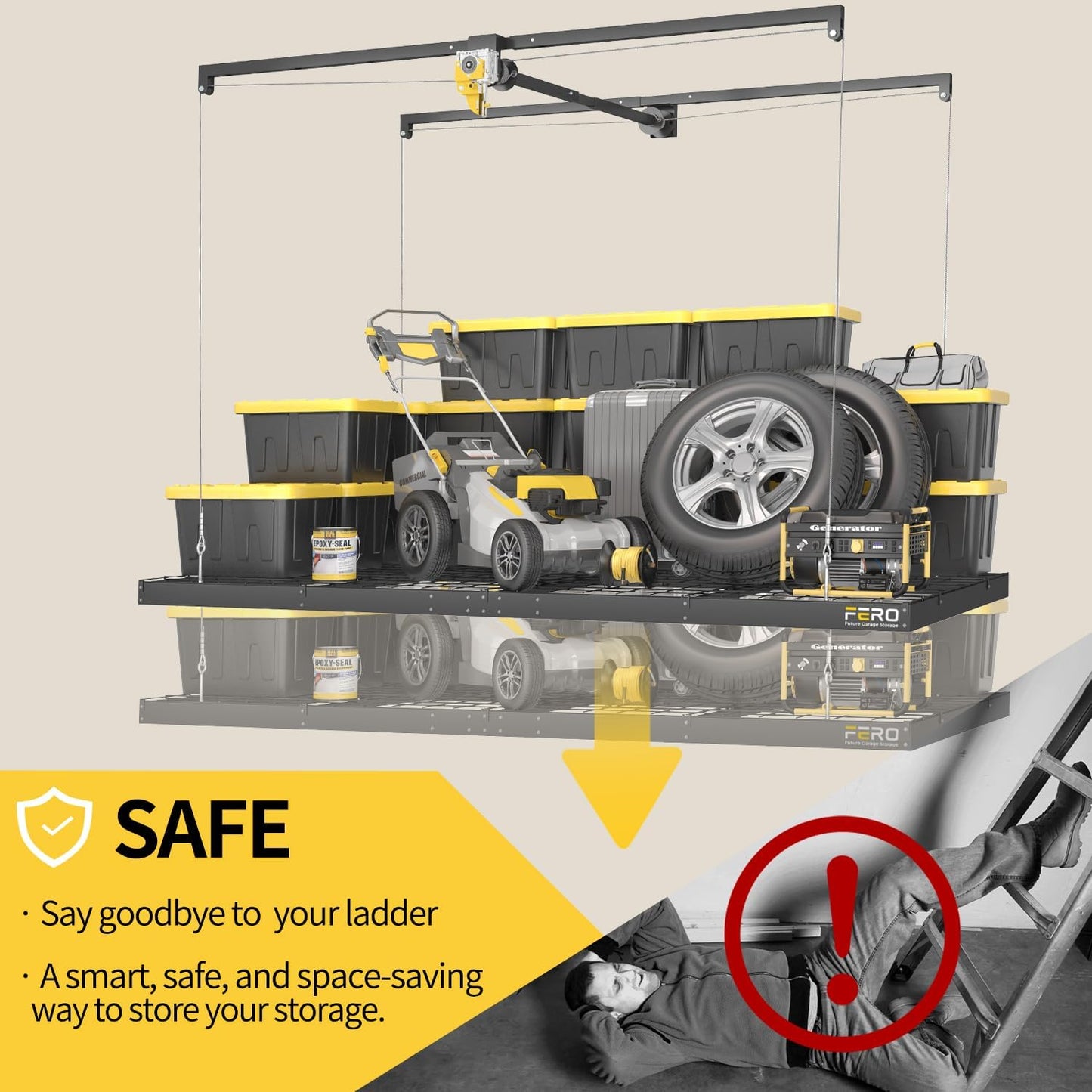 Garage Ceiling Storage Racks – 4x8 FT Overhead Garage Storage Rack with Safety Lock, Heavy-Duty Ceiling Mounted Lift System and Storage Organizer, Ideal for Maximizing Overhead Space, 325 lbs Capacity