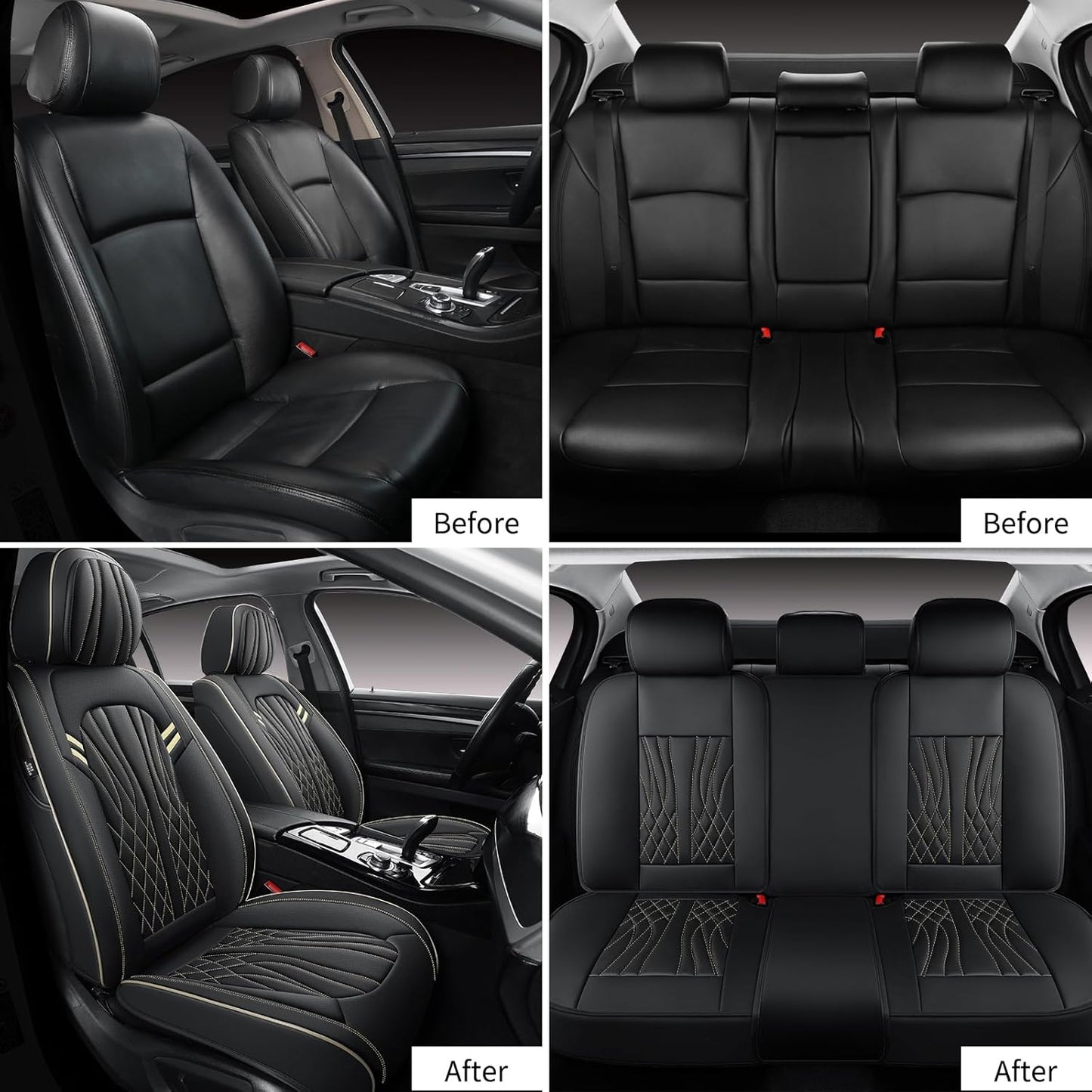 Leather Car Seat Covers 5 Pieces, Full Set Universal Seat Covers for Cars, Waterproof Nappa Leather Auto Seat Protectors, Black Car Seat Cover Most Sedans SUV Pick-up Truck Black&BeigeLine