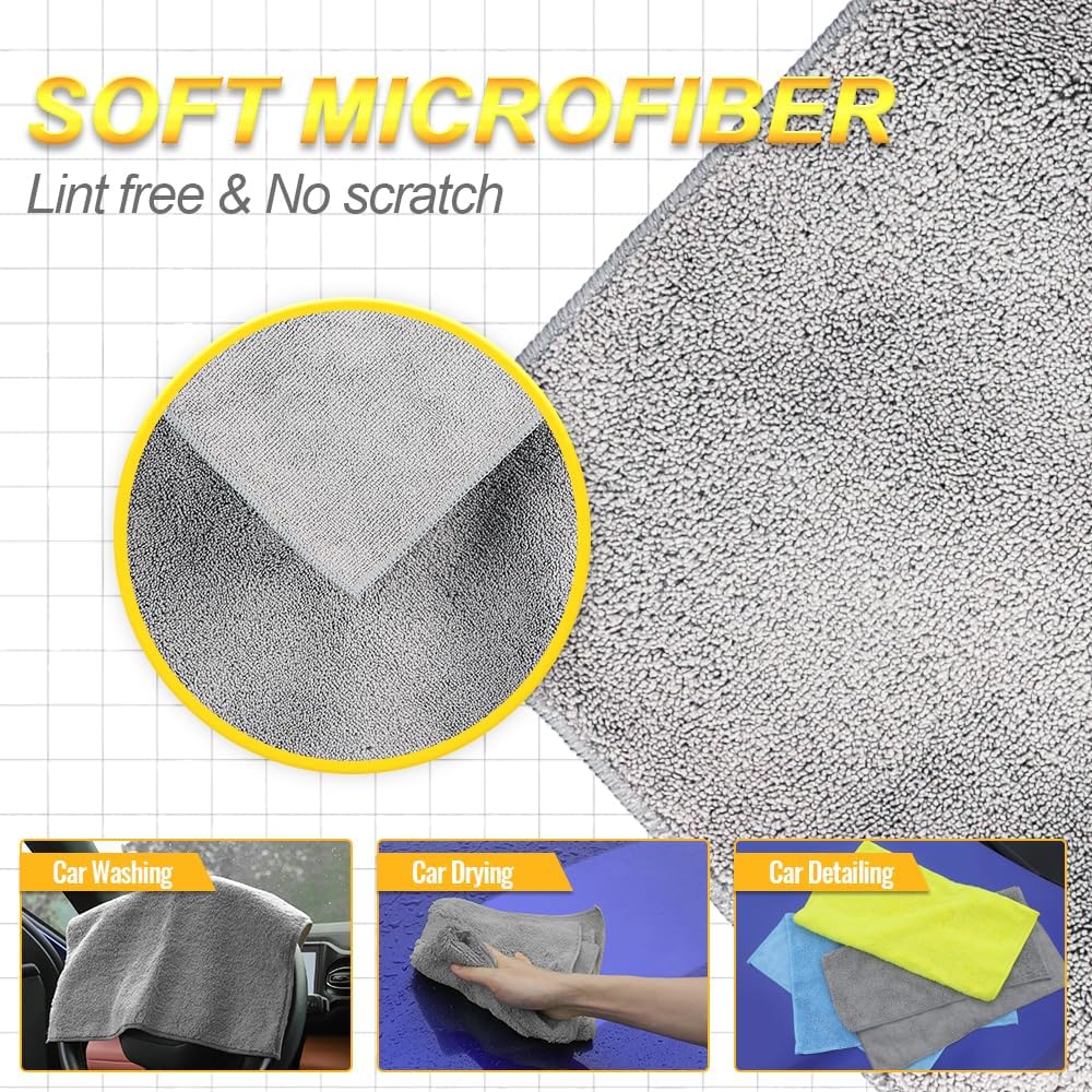 Drying Towels(Microfiber),Car Wash Cleaning Towel Extra Soft,Reusable and Durable,Absorbent, Lint-Free,Interior & Exterior Rags 16in x 16in-12 Packs Grey