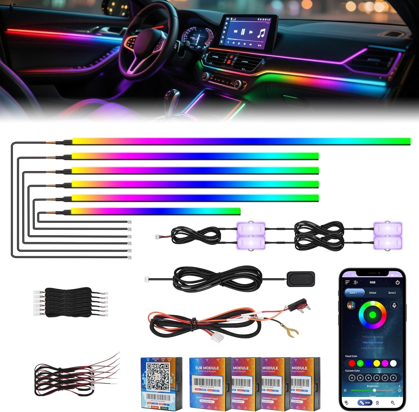 2025 Upgraded Dreamcolor Acrylic Interior Car LED Strip Light with Self-Developed App RGB 10 in 1 | Dual Zone Control | Super Brighter LED Strips | Music Sync | 16M Colors Interior Led Lights for Cars