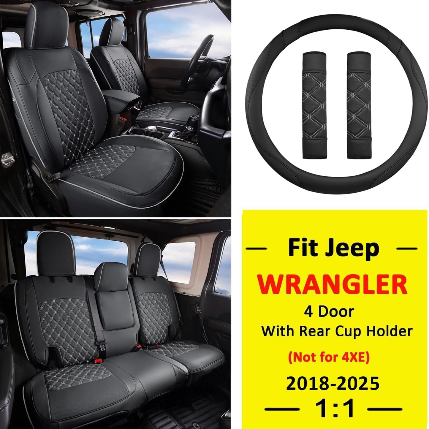 GIANT PANDA Fit Full Set Car Seat Covers for Jeep Wrangler 4 Door JL Sahara Altitude Rubicon 392 Unlimited 2018 2019 2020 2021 2022 2023 2024 2025 with Rear Cup Holder,Faux Leather - (Black+Gray)