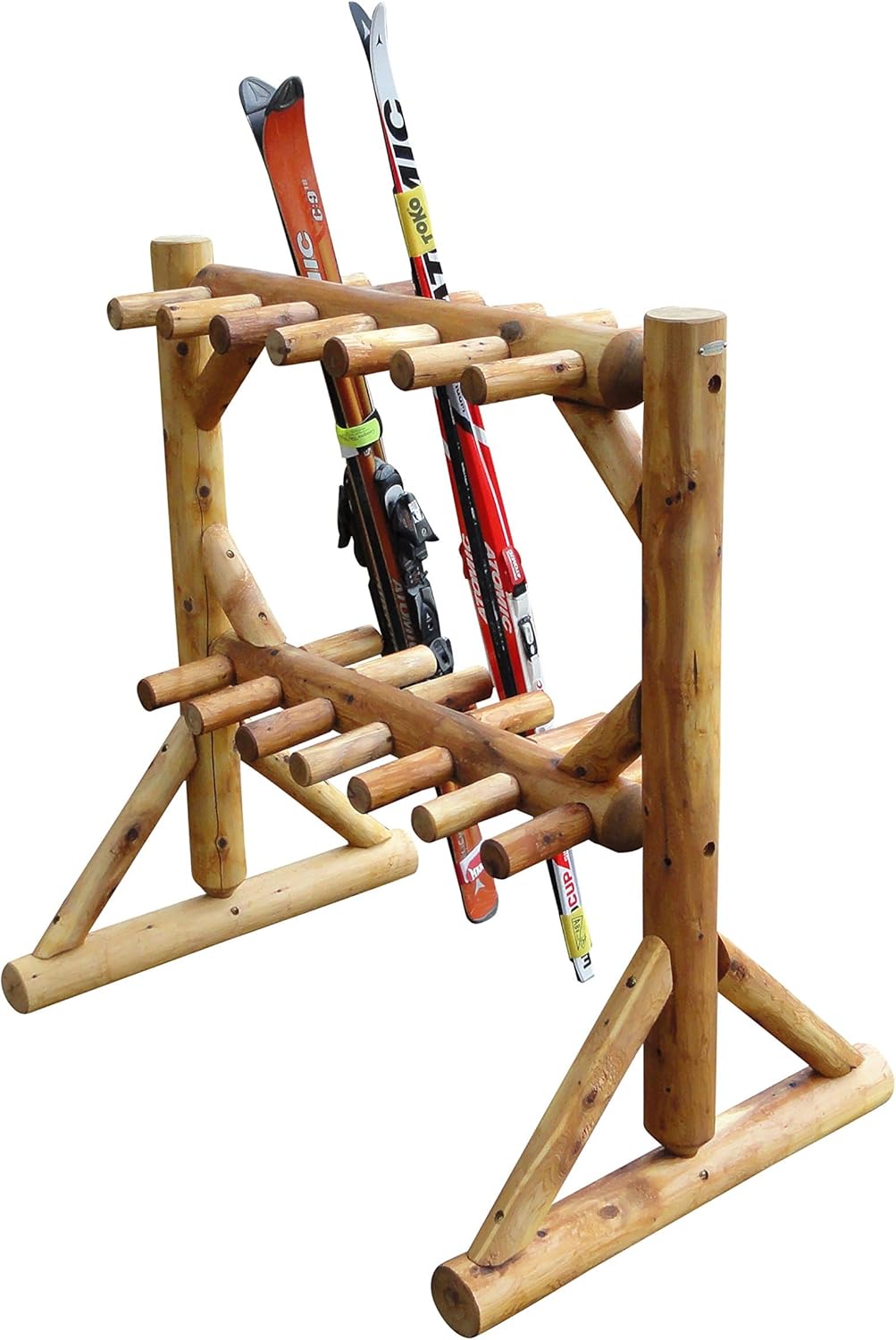 11-Place Freestanding Log Ski Rack Holder, Indoor & Outdoor Snowboard Racks, Standing Storage, Garage Racks for Snow Skis, Durable Snowboard Rack Garage Storage Organizer - Natural