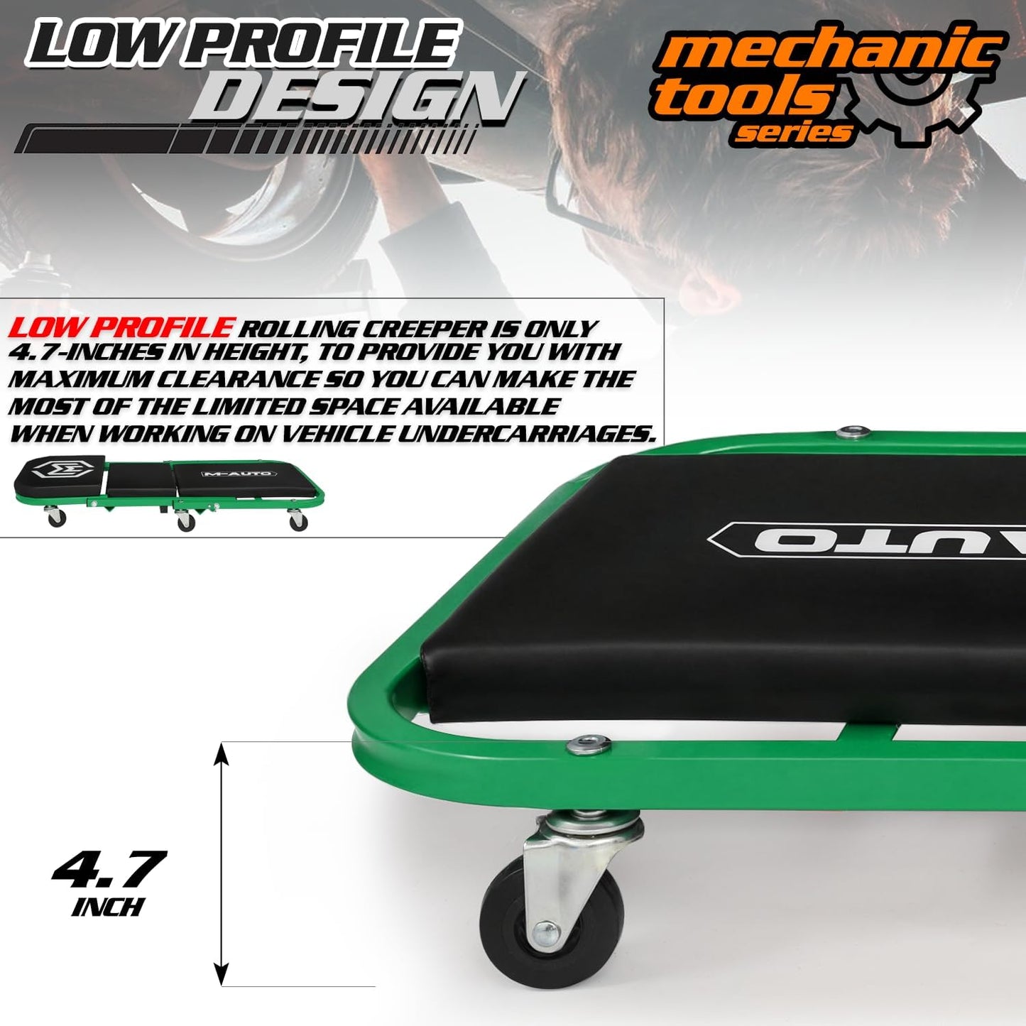 M-AUTO Foldable Z Creeper 2-in-1 Rolling Folding Car Creeper & Seat, 36" Adjustable Roller Garage Chair Lay Down or Sit, 330LBS Capacity Under Car Roller Creeper with 6 Swivel Casters, Green