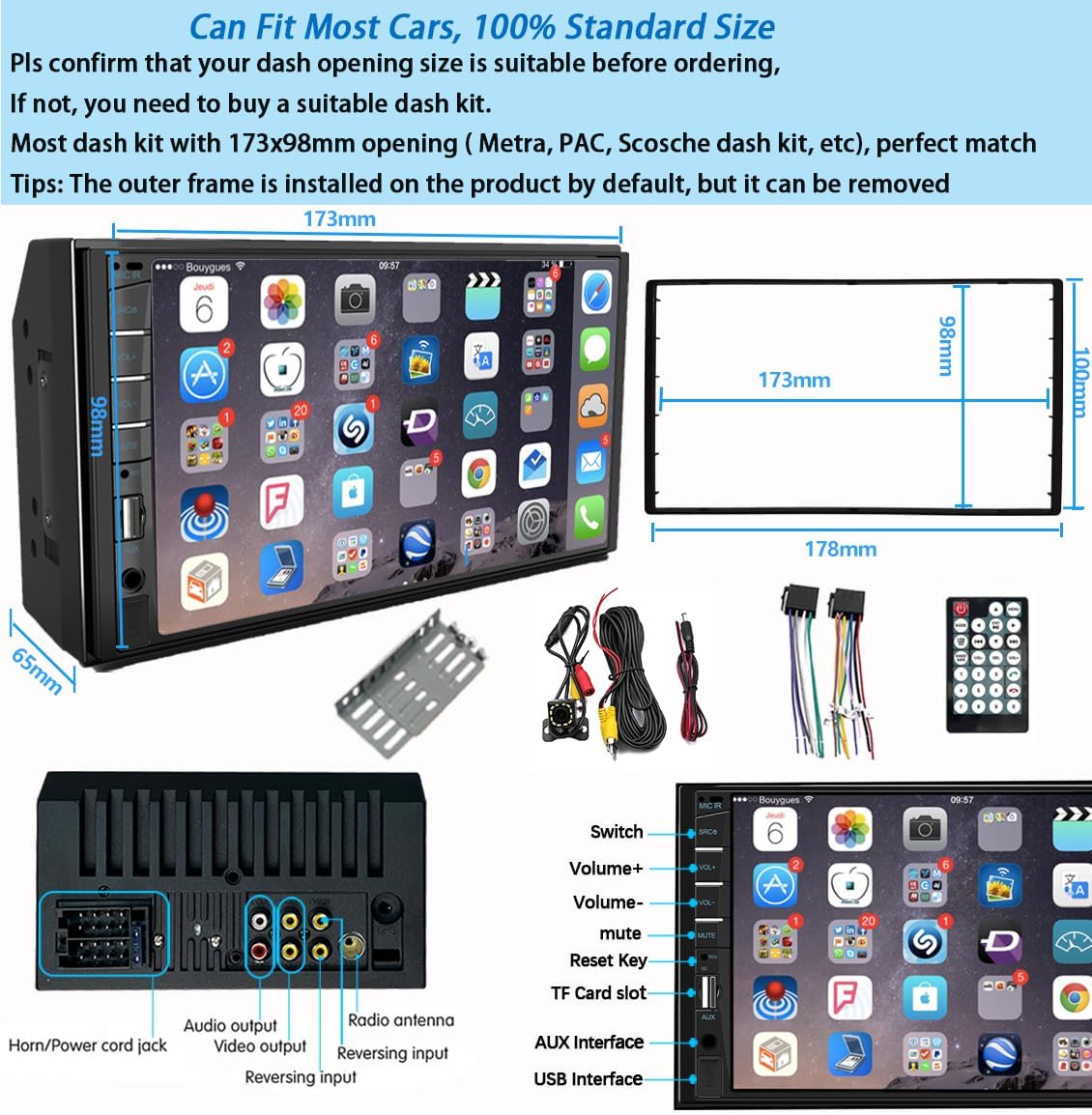 Naifay Car Stereo Double Din Radio with Bluetooth, Car Radio Touchscreen 7 Inch MP5 Player Car Stereo with Backup Camera Bluetooth, Mirror Link, FM/SWC/USB/SD/AUX, Car Audio Receivers with Subwoofer