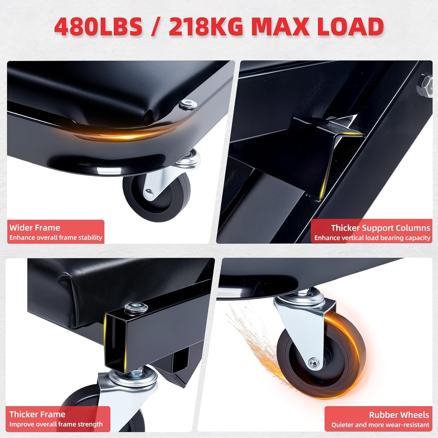 Mechanic Creeper 40inches 3-in-1 Z Seat 480lbs Capacity, Foldable Garage Chair Adjustable Rolling Black with 6pcs Wheels Roller, Lay Down Sit Lean Back, Under Car Shop Auto Repair, Man Gift