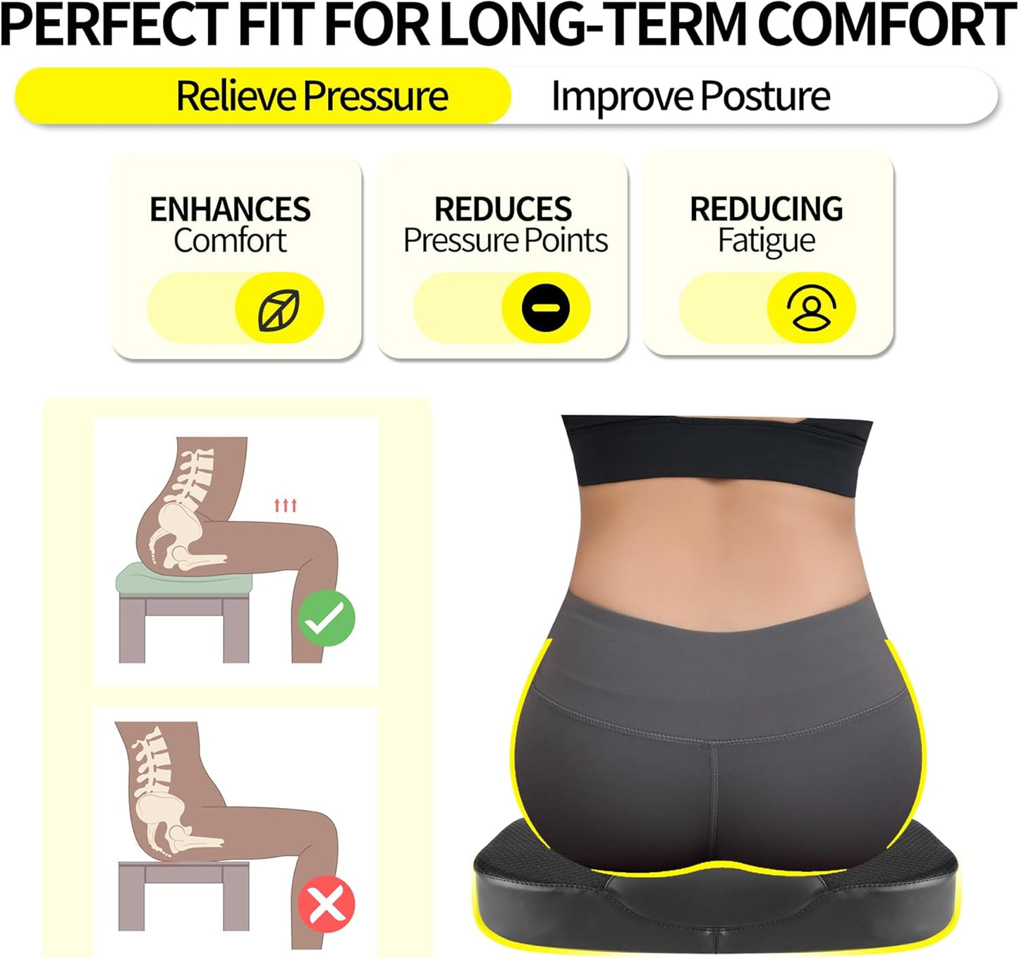 Car Seat Cushion - Comfort Memory Foam Seat Cushion for Car Seat Driver, Tailbone (Coccyx) Pain Relief, Car Seat Cushions for Driving (Black)