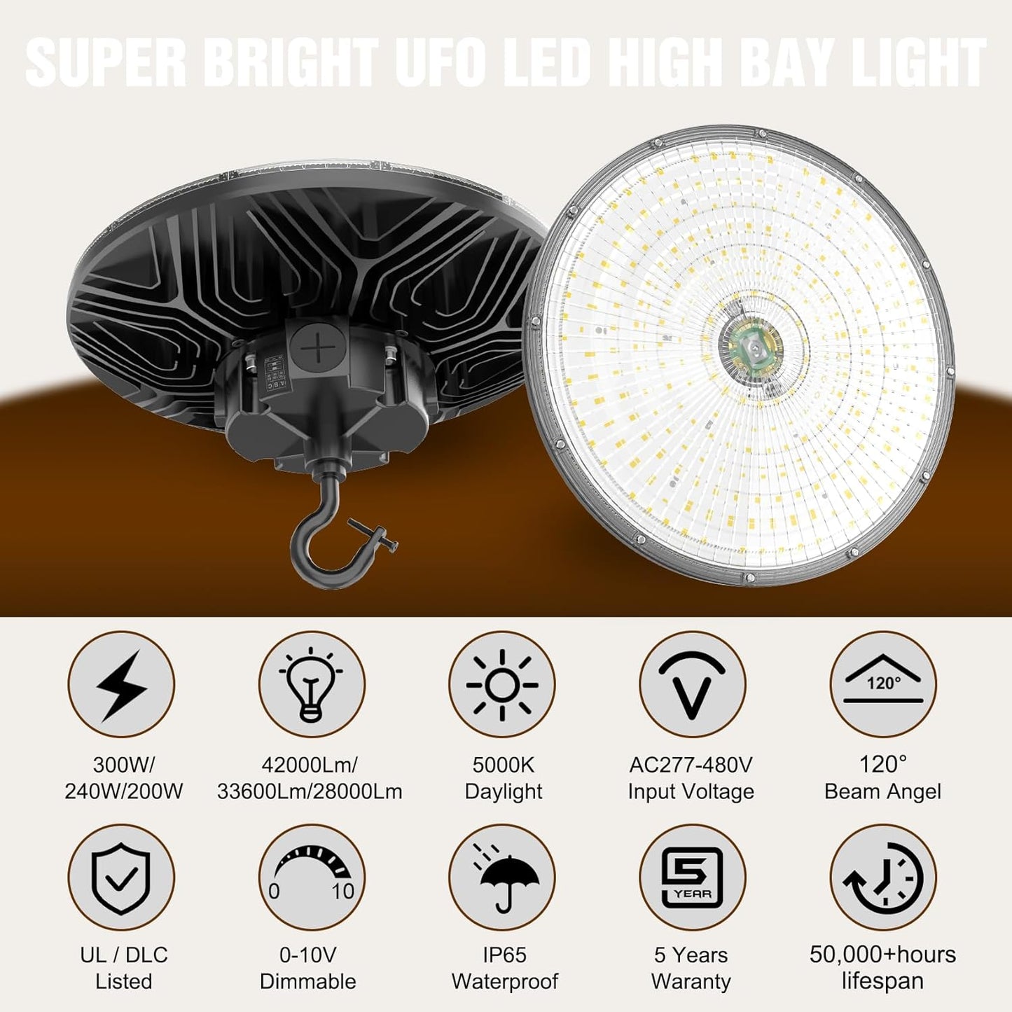 6 Pack 480V LED High Bay Light UL DLC Listed UFO Light 300W 240W 200W Adjustable, Dimmable High Bay LED Shop Lights 5000K Daylight, IP65 Commercial Bay Lighting for Warehouse Factory