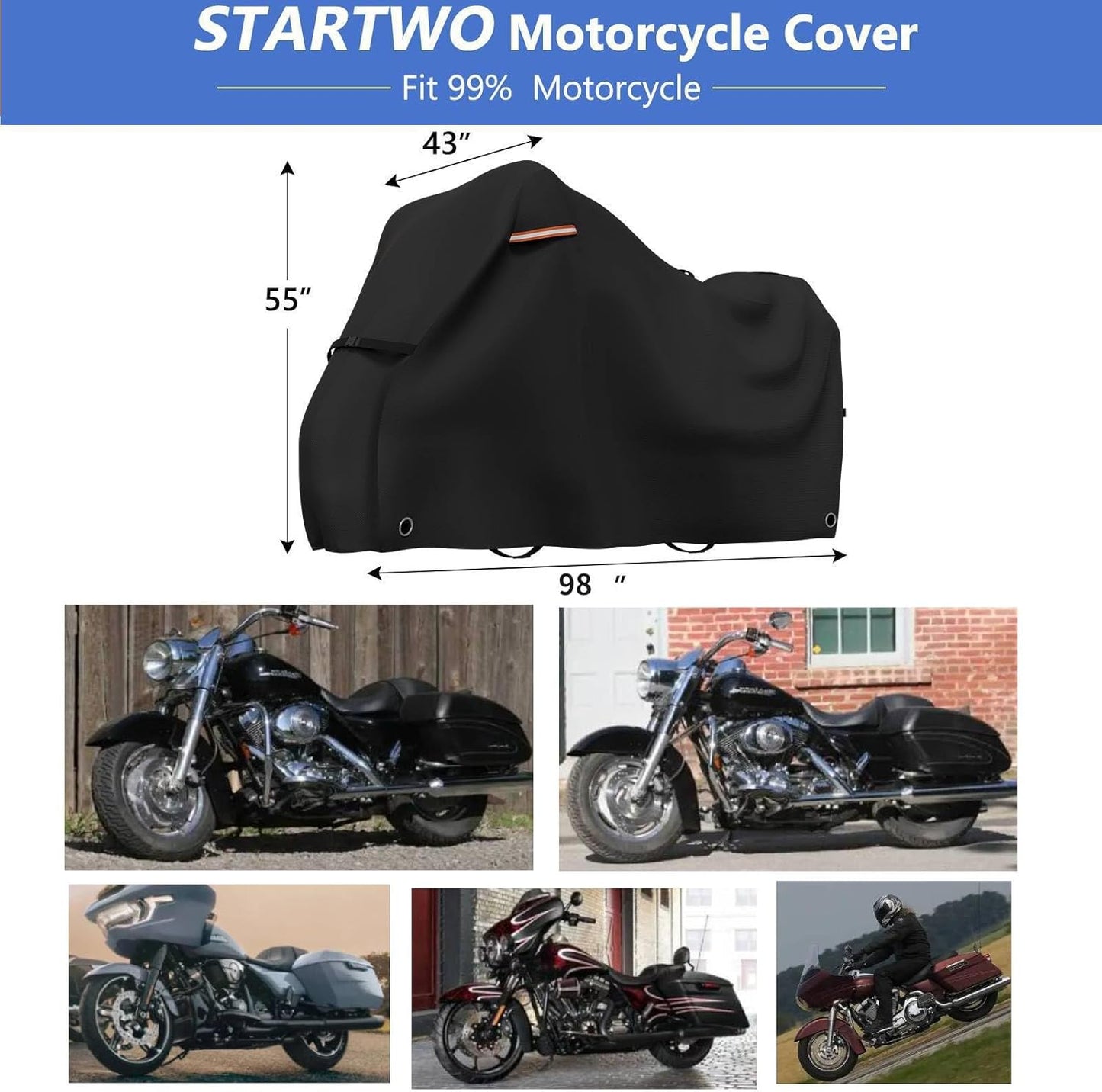 STARTWO Motorcycle Covers with Side Box Waterproof Outdoor for Harley Davidson Touring Models Road King,Road Glide,Street Glide,Heritage Classic,Electra Glide, and Most Motorcycles 98"x43"x55" Black