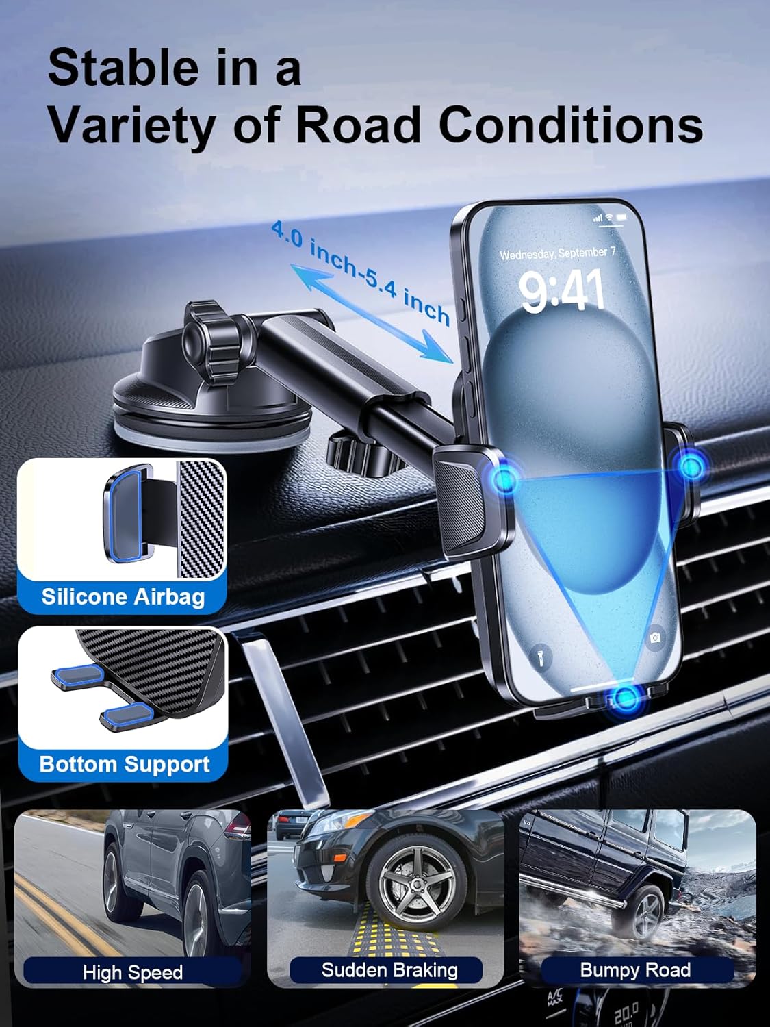 [2025 Most Stable & Flexible Suction Cup] 3-in-1 Car Phone Holder, Cell Phone Car Mount Fit for Vent/Dashboard/Windshield, All Phones, iPhone, Samsung and More