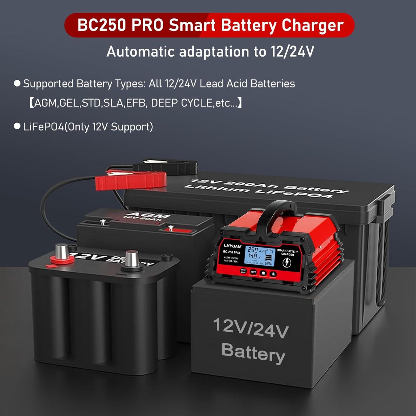LVYUAN 25Amp Smart Car Battery Charger, 12V/24V Automotive Charger, Lead-Acid Battery, LiFePO4 Battery Maintainer with LCD Display, Trickle Charger, for Lawn Mower, Motorcycle, AGM, STD, Gel, EFB,etc