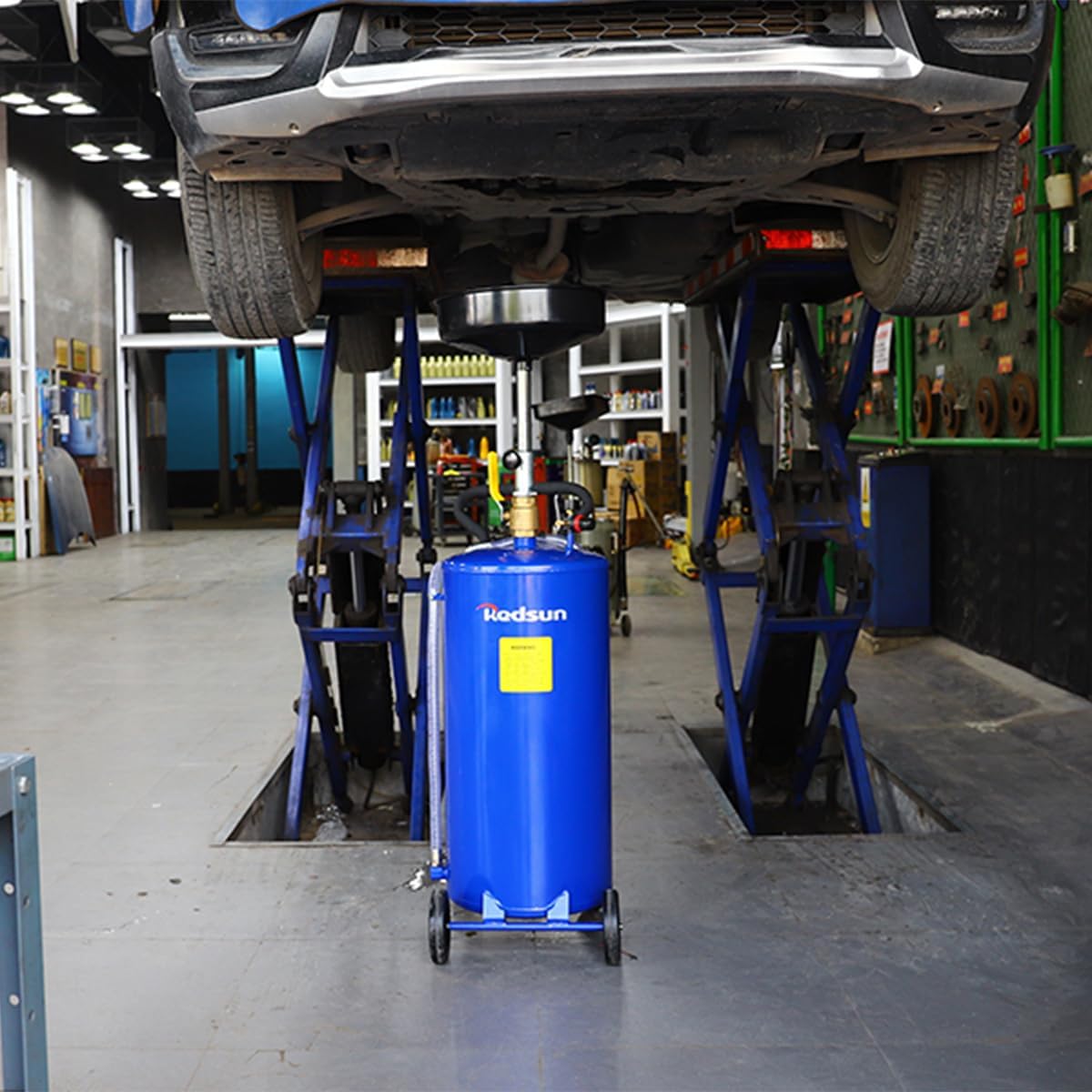 redsun 20 Gallon Waste Oil Drain Tank, Air Operated Oil Drainer Container with Adjustable Funnel Height, Portable Fluid Drain Disposal with Wheels for Auto Repair Shops, Garages (Blue)