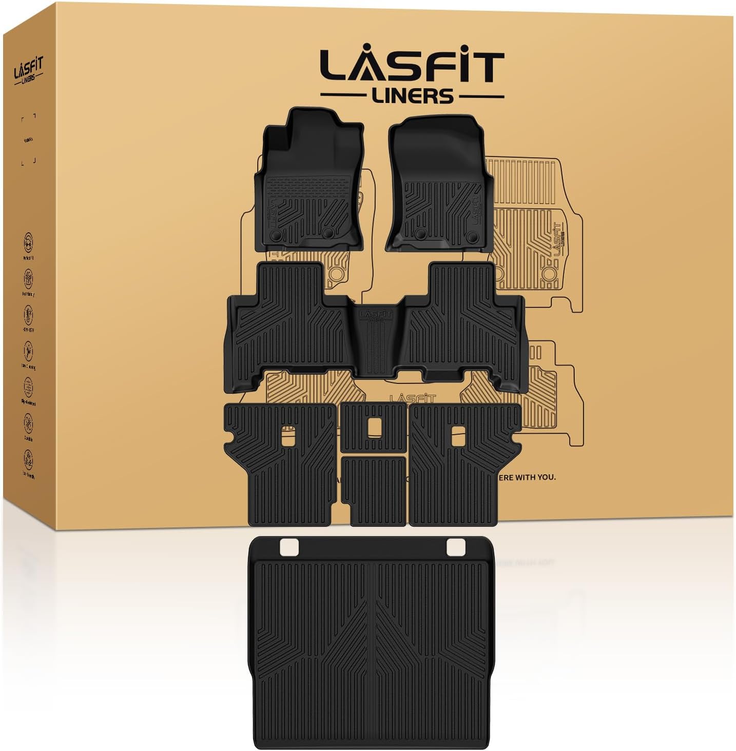 LASFIT Floor Mats&Trunk Mat for Toyota 4Runner 2013-2024 (Only for 5 Seats) All Weather TPE Mats Custom Fit Floor Liner for Toyota 4 Runner 1st & 2nd Row Full Set Car Mats and Cargo Liner, Black