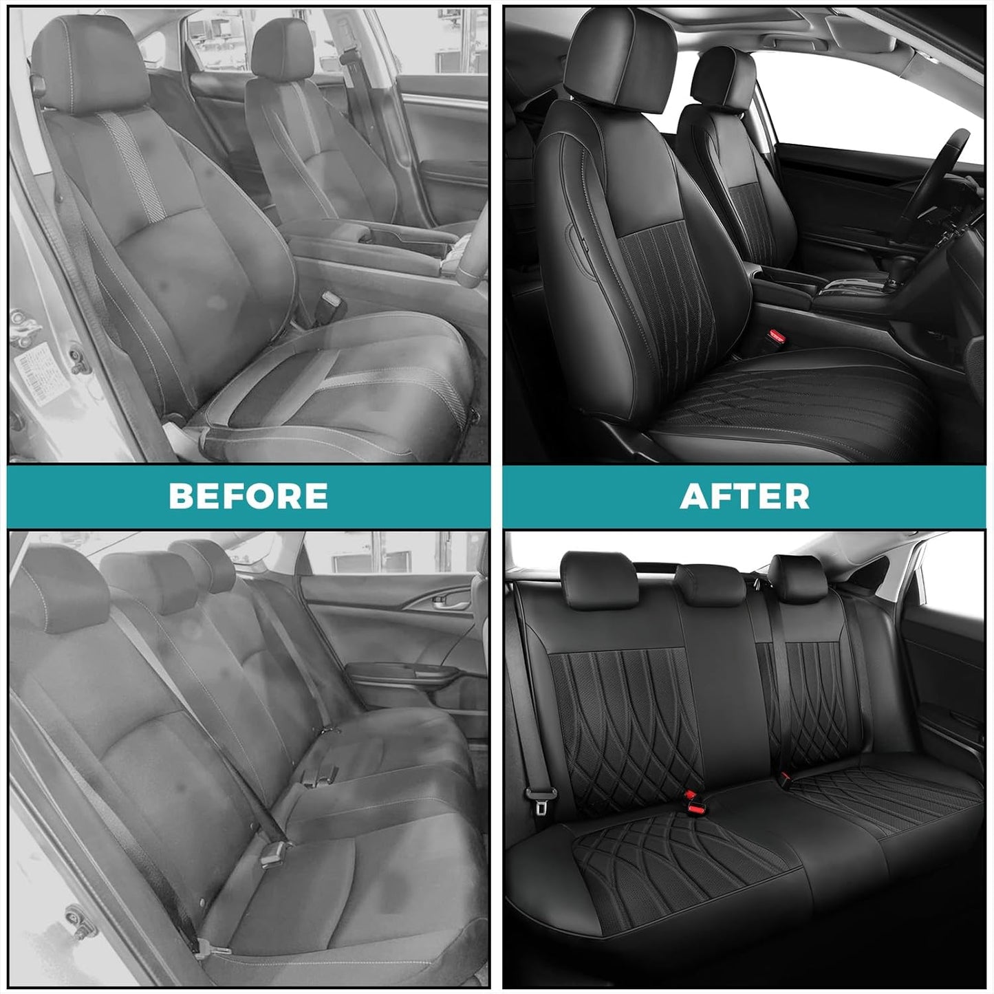 Seat Covers for Honda Civic Sedan LX 2016 2017 2018 2019 2020 2021, Faux Leather Car Seats Cover Full Set (Rear Row Solid & No Folding Backrest)-Black