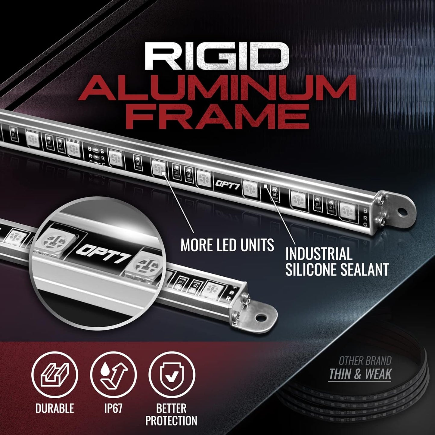 OPT7 Aura Aluminum LED Underglow Kit for Car with Remote Control, Exterior Neon Accent Under Glow Lights, Rigid Waterproof Strip Lights, Music Soundsync Mode, Multicolor RGB Light Bars