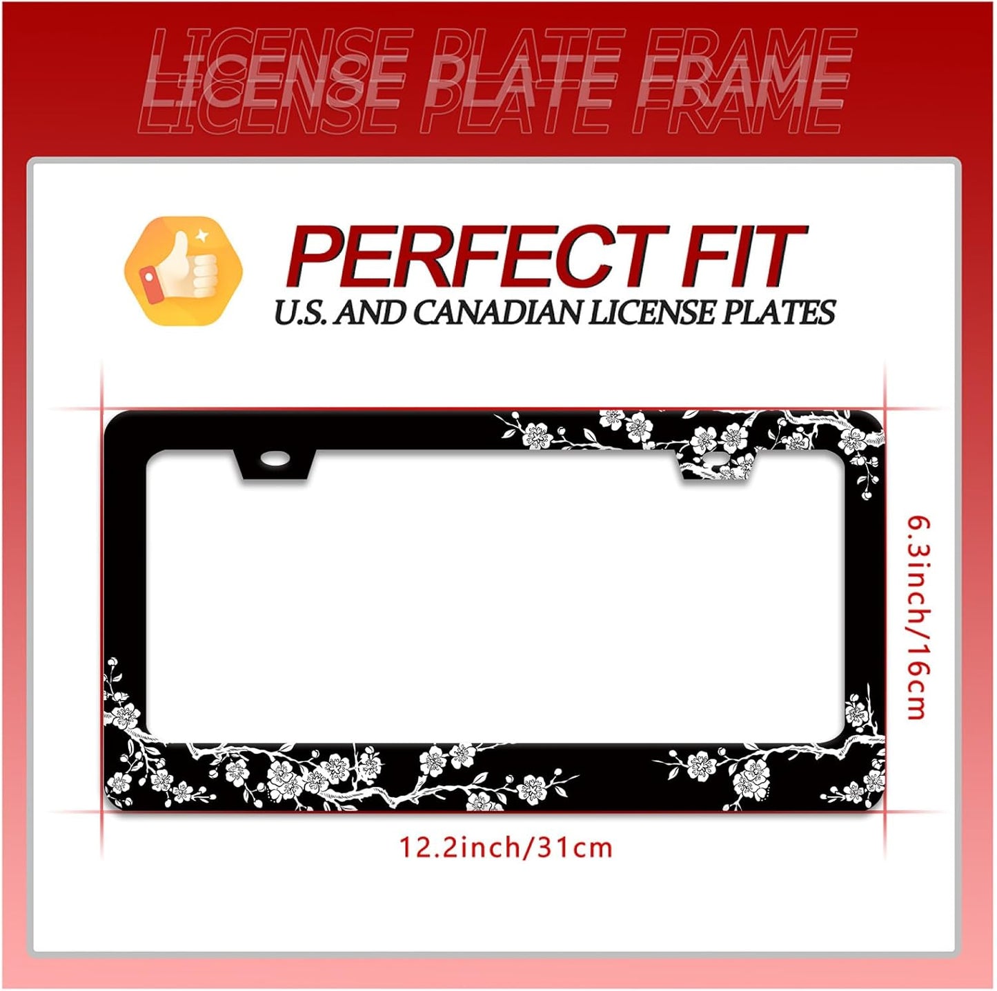 Cherry Blossoms License Plate Frame Beautiful Floral License Plate Frames for Car Decorative Parts Stainless Stee License Plate for Standard Us Canada Funny License Plate Holder 12x6 in for Men Women