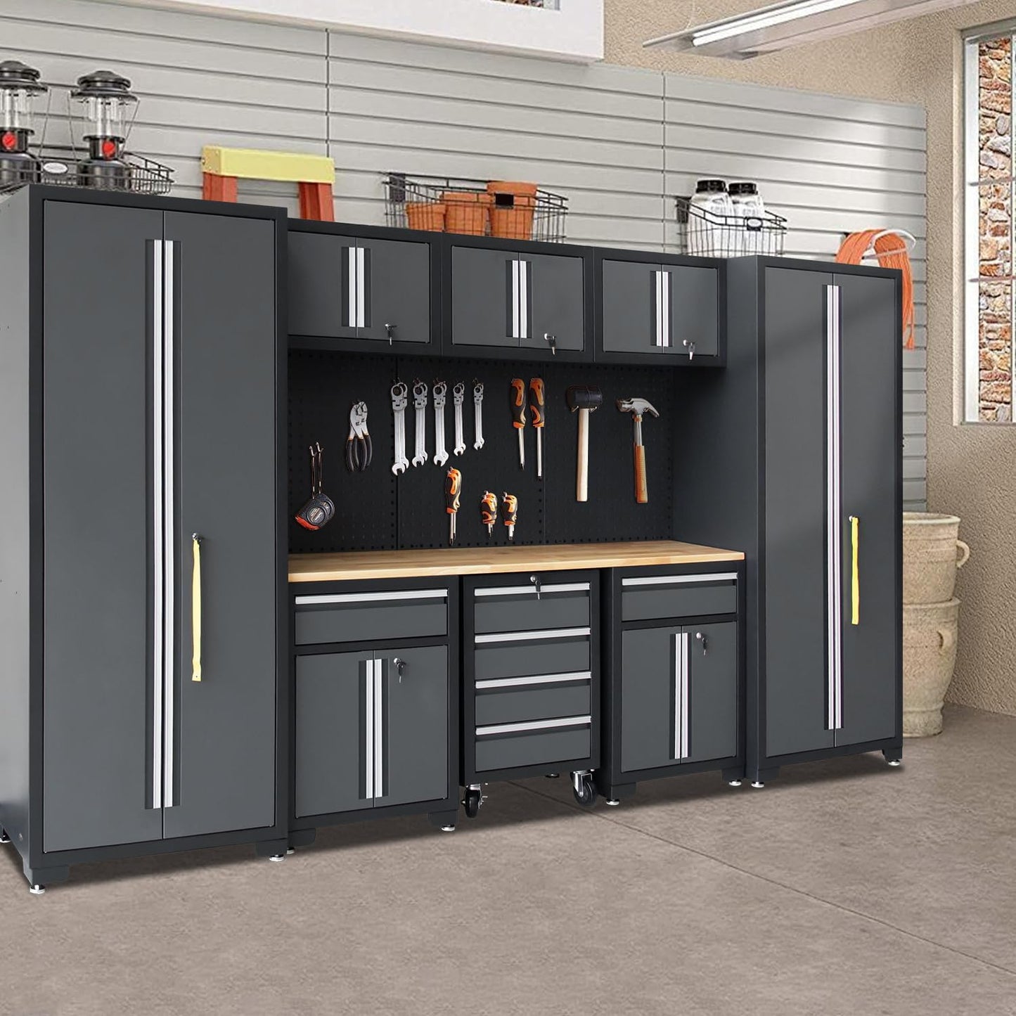 Garage Storage Cabinet System 9-Pcs Workshop Set Garage Cabinets and Storage System with Steel Cabinet Drawers, Rolling Chest, Workbench, Pegboard for Garage Tool Organization, Black and Grey