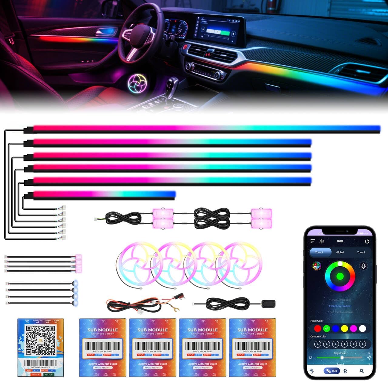 New Version Dreamcolor Acrylic Car Interior Lights 22 in 1 RGB LED Strip Lights APP Control Zoned Control System 252 Color Modes DIY Fiber Optic Ambient Lighting Kits Music Car Neon Lights