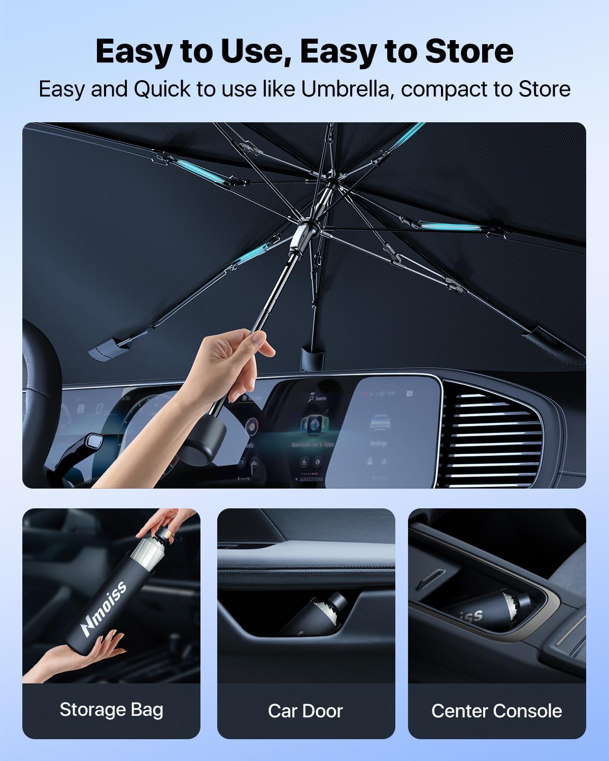 Windshield Sun Shade Umbrella for Car - [Vinyl Coating Heat Shield] Protect Car from Sun Rays & Heat Damage Keep Cool and Protect Interior Large (61" L x 35" W)