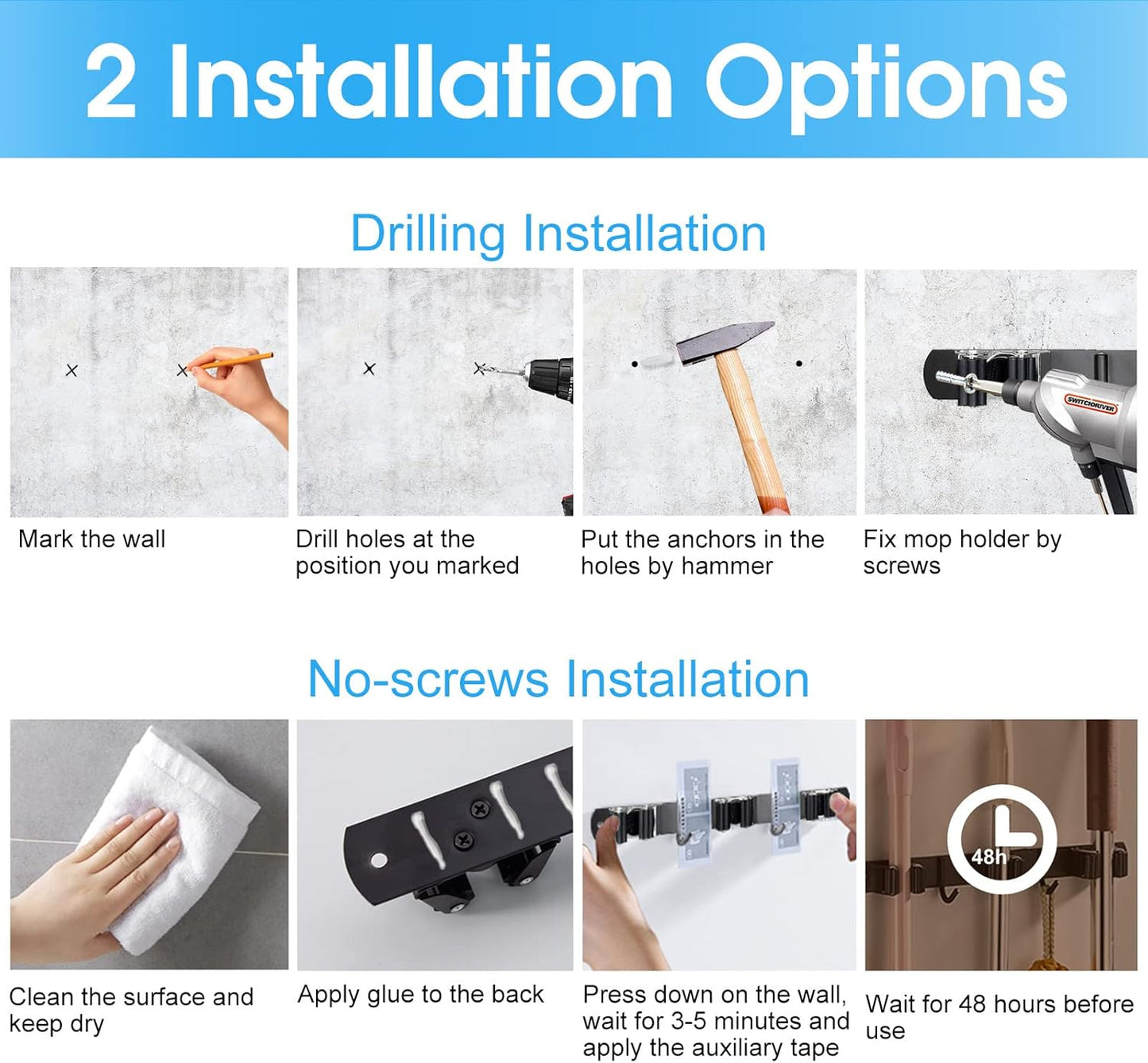 Huryfox Mop and Broom Holder Wall Mounted - Sturdy Stainless Steel Rack with Utility Hooks, 5 Racks, 4 Hooks Adjustable Design and Multiple Storage Organiser Options, Perfect for Kitchen