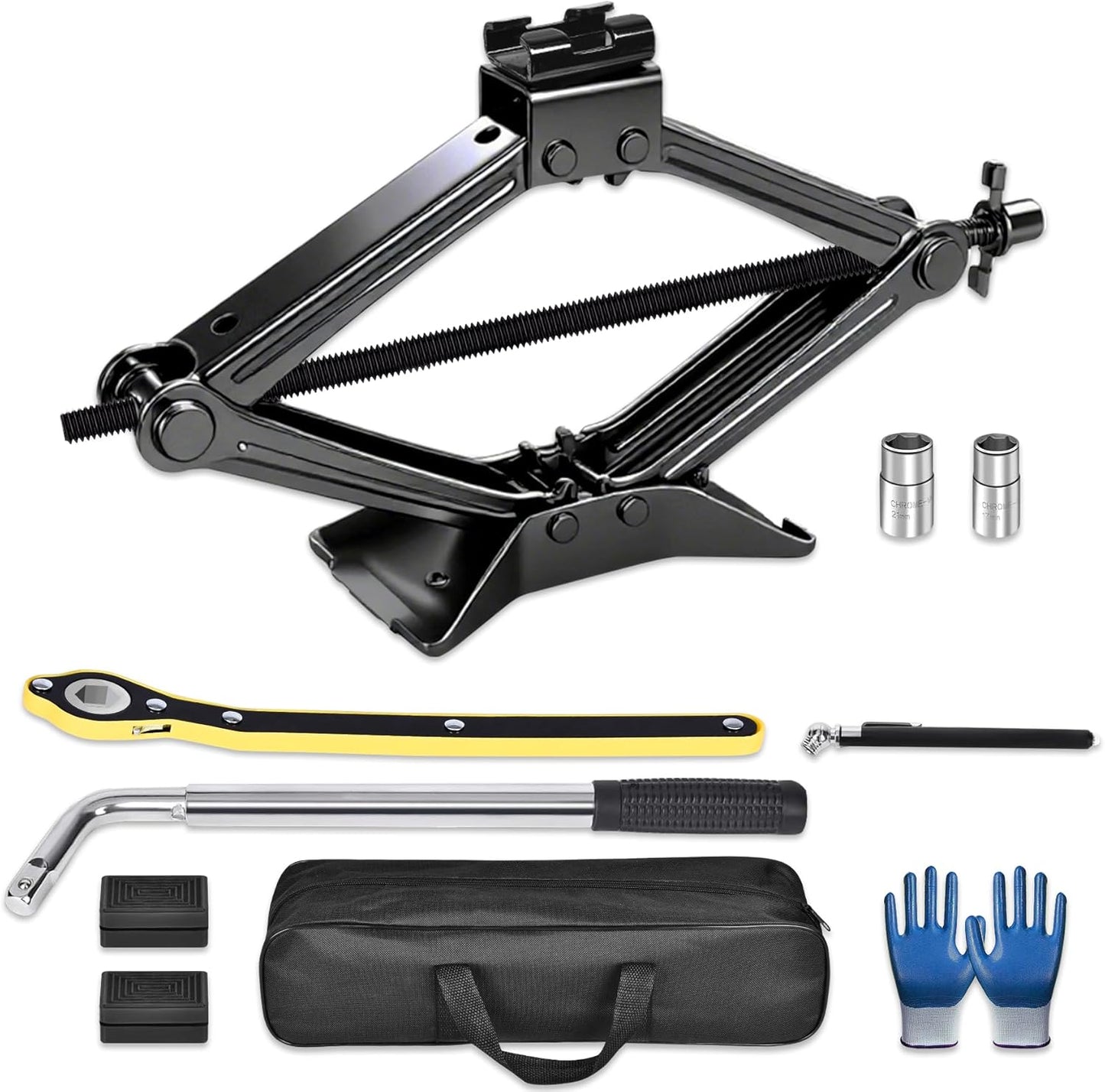 Scissor Jack, 2.5T(5512 Lbs), High-Strength Car Jack and Stand Kit with Rubber Pad, Tire Changing Kit with Ratchet Handle and Lug Wrench, Universal Vehicle Emergency Set for Various Models
