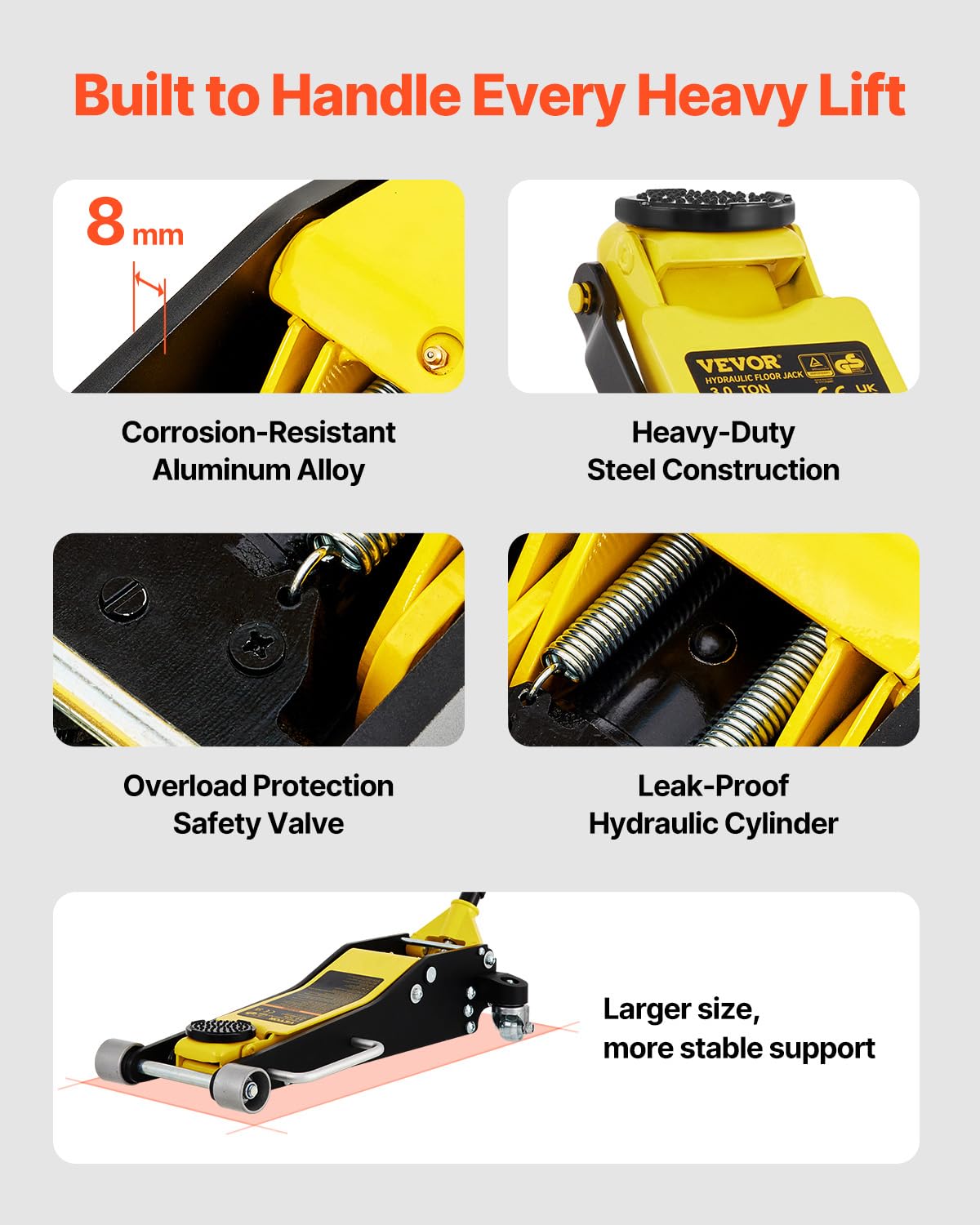 VEVOR 3 Ton Low Profile , Aluminum and Steel Racing Floor Jack with Dual Pistons Quick Lift Pump for Sport Utility Vehicle, Lifting Range 3-6/11"-19-11/16", yellow,black