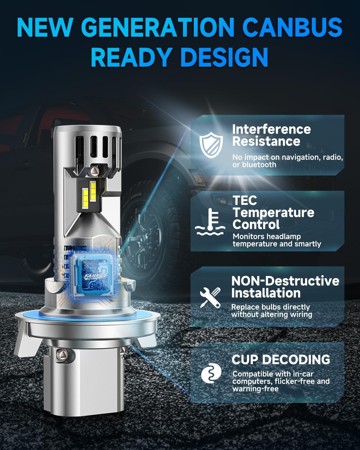 H13/9008 LED Bulb, Ultra Brightness, Real 1:1 Size Canbus Ready Wireless Plug and Play, 6500K White Fog Light Bulbs, Cooling Fan, 70000H Lifespan, Pack of 2