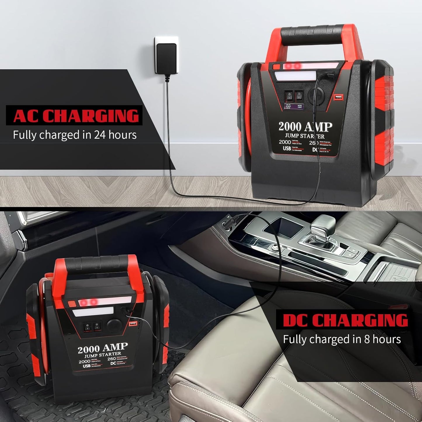 2000A Jump Starter with Air Compressor,Car Battery Jumper Starter 260 PSI Tire Inflator,6 in 1 Auto Lead-Acid Battery Booster Jump Starter for Up to 10.0L Gas or 8.0L Diesel with LED Light