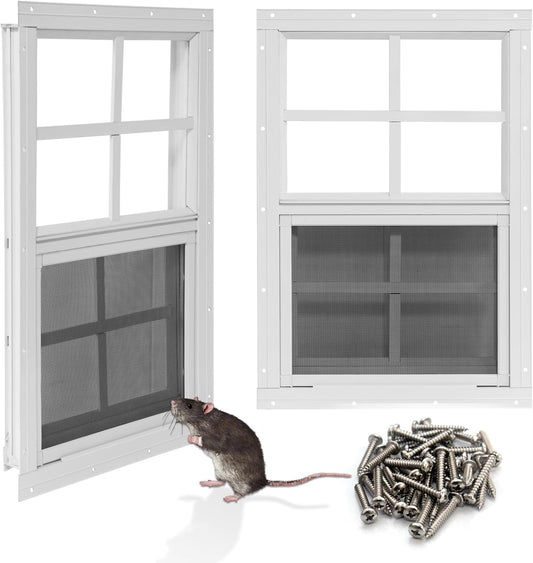 NeatiEase Upgraded Shed Windows 2 Pack, 18" x 27" Windows with Tempered Glass and Stainless Steel Screen for Shed, Chicken Coop, Playhouse, Household, Garage(White)