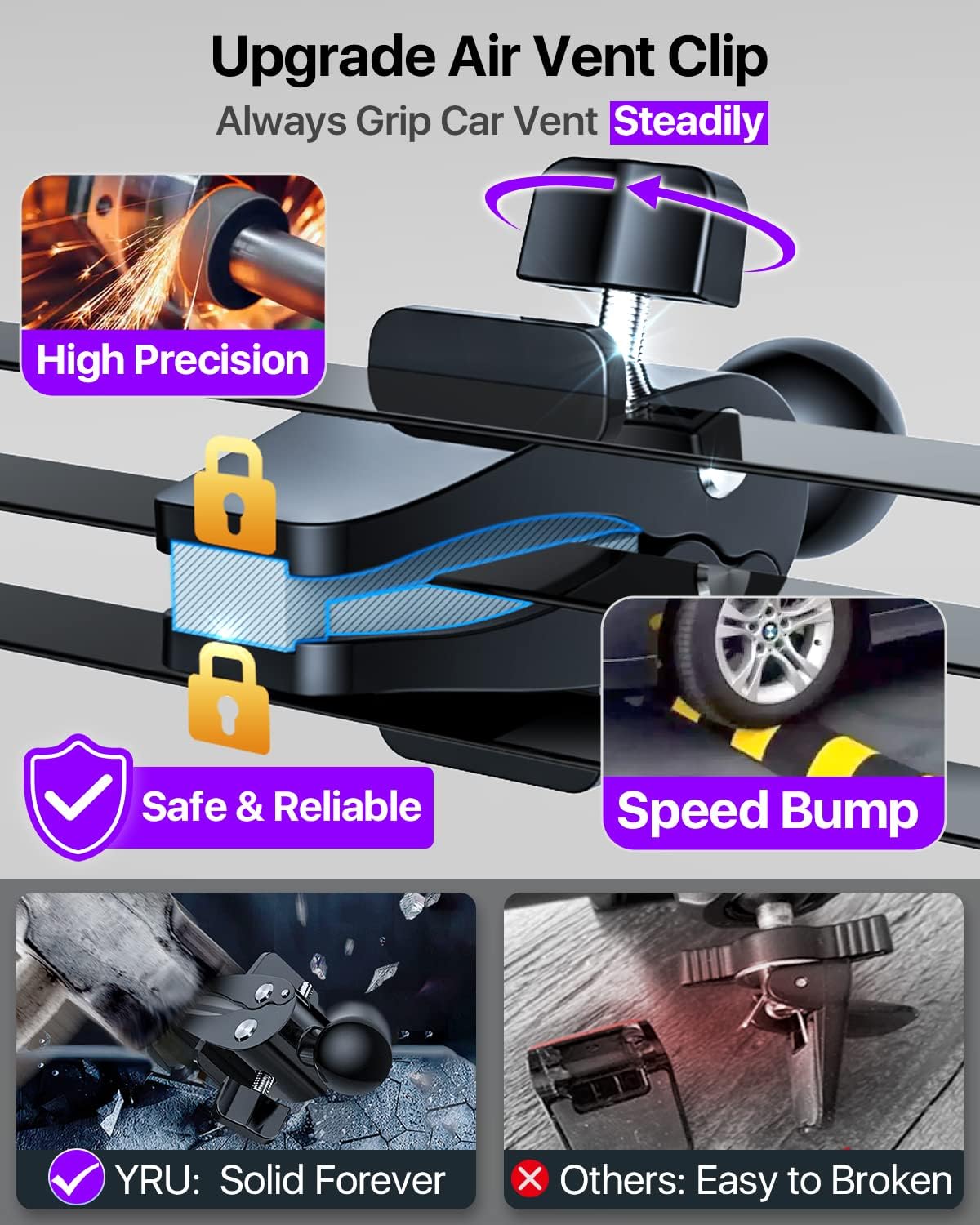 [2025 Upgrade Extreme Strong Suction] YRU Car Phone Holder Mount,[Bumpy Road Stable]Dashboard Cell Phone Holder for Car Vent Windshield Phone Stand for iPhone 16 15 14 13 Pro Max Samsung Truck, Purple