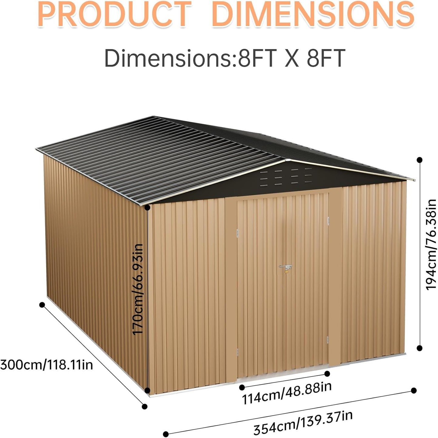 Outdoor Storage Shed,8x8 FT Metal Garden Shed with Lockable Doors & Slooping Roof,Updated Reinforced Door,Tool/Bike Sheds for Backyard, Patio, Poolside,Garage