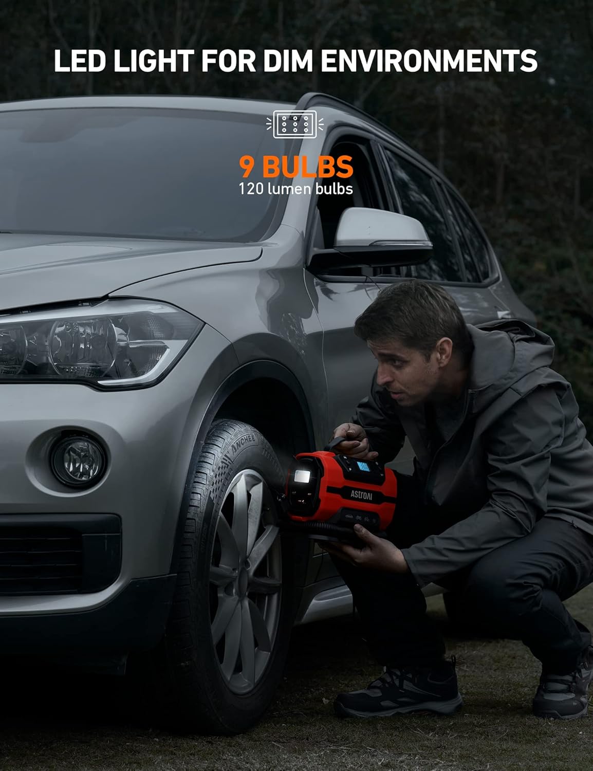 AstroAI Tire Inflator Portable Air Compressor Pump 150PSI 12V DC/110V AC with Dual Metal Motors &LED Light， Automotive Car Accessories&Two mode for car, bicycle tires and air mattresses, Red