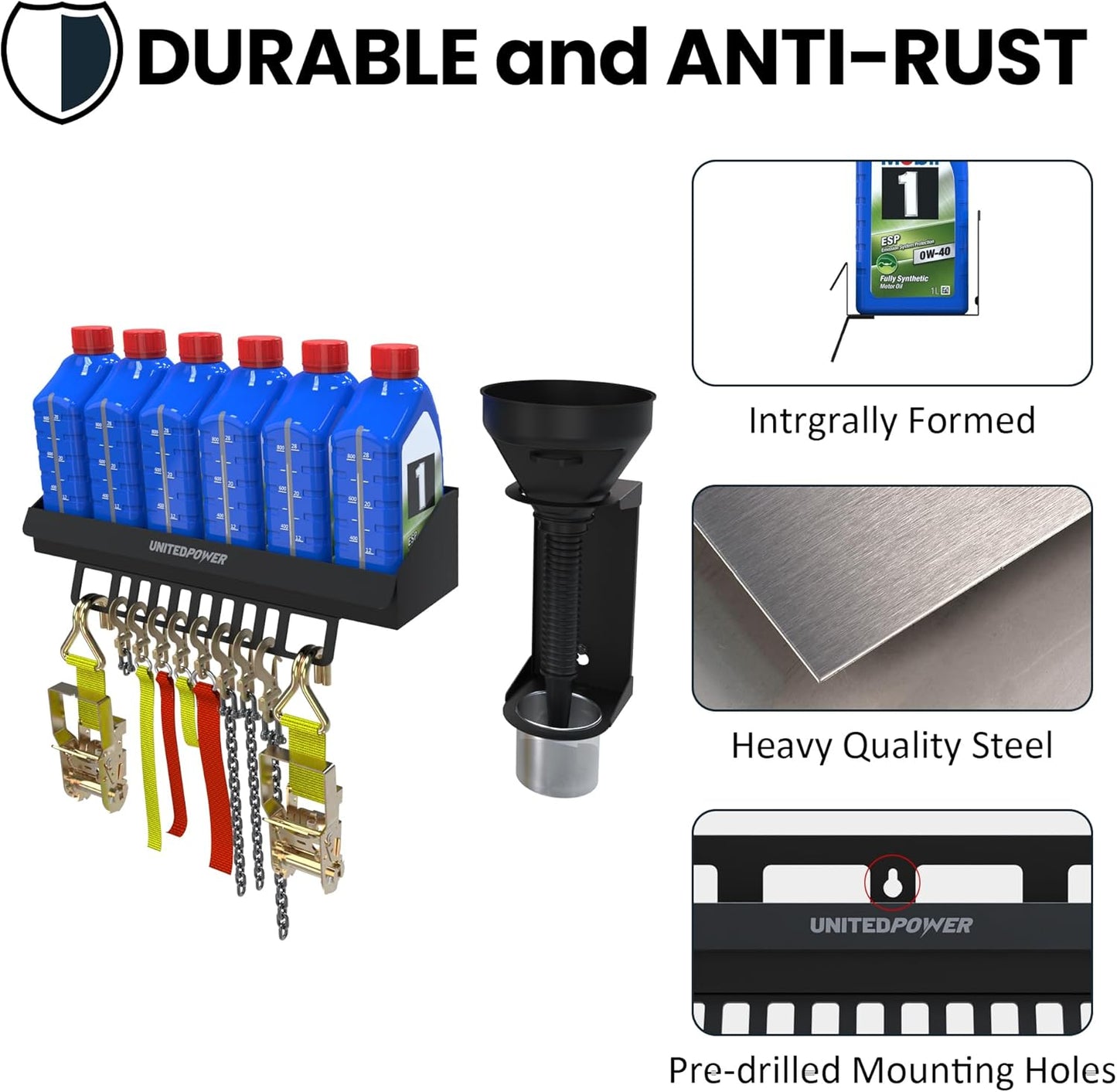 UNITEDPOWER 6 Quart Motor Oil Storage Rack, Bottle Shelf Mount Caddy With Funnel, Enclosed Race Trailer Shop Garage Organizer