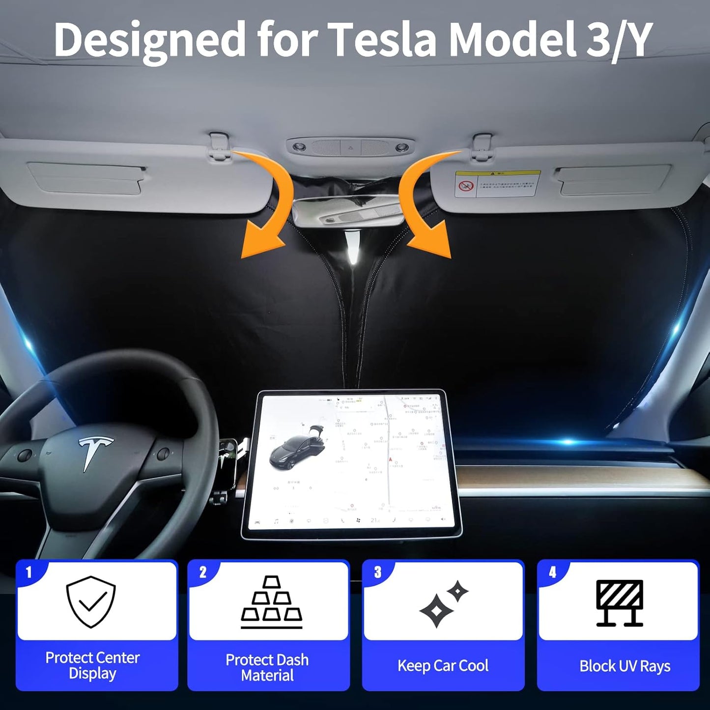 Upgraded Sunshade for Tesla Model 3/Y Windshield, Improved UV Protection Fabric, Metal Frame, Full-Size Foldable Front Sun Shade, Professional Accessories for Tesla Model 3/Y 2016 to 2025