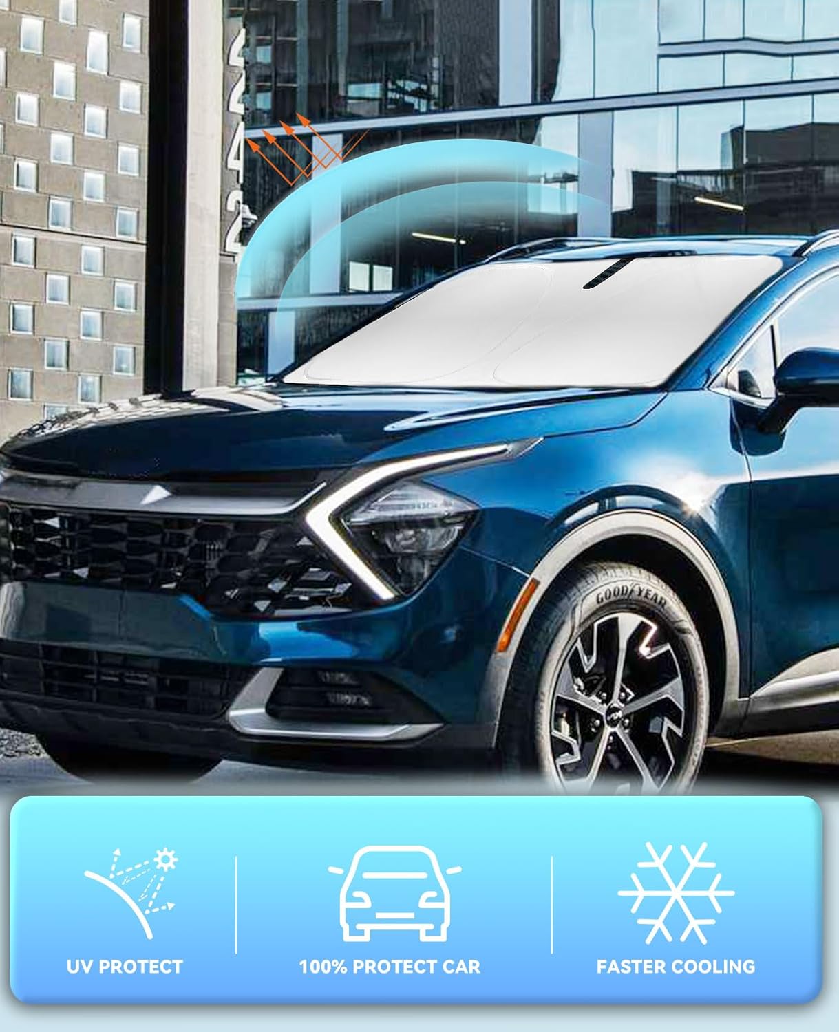 Sun Shade for Sportage Windshield Sunshades for 2022 2023 2024 2025 Kia Sportage SUV Windshield Cover Front Window Shields 240T Silver Coating Protector Sun Visor Blocks UV Rays Car Accessories