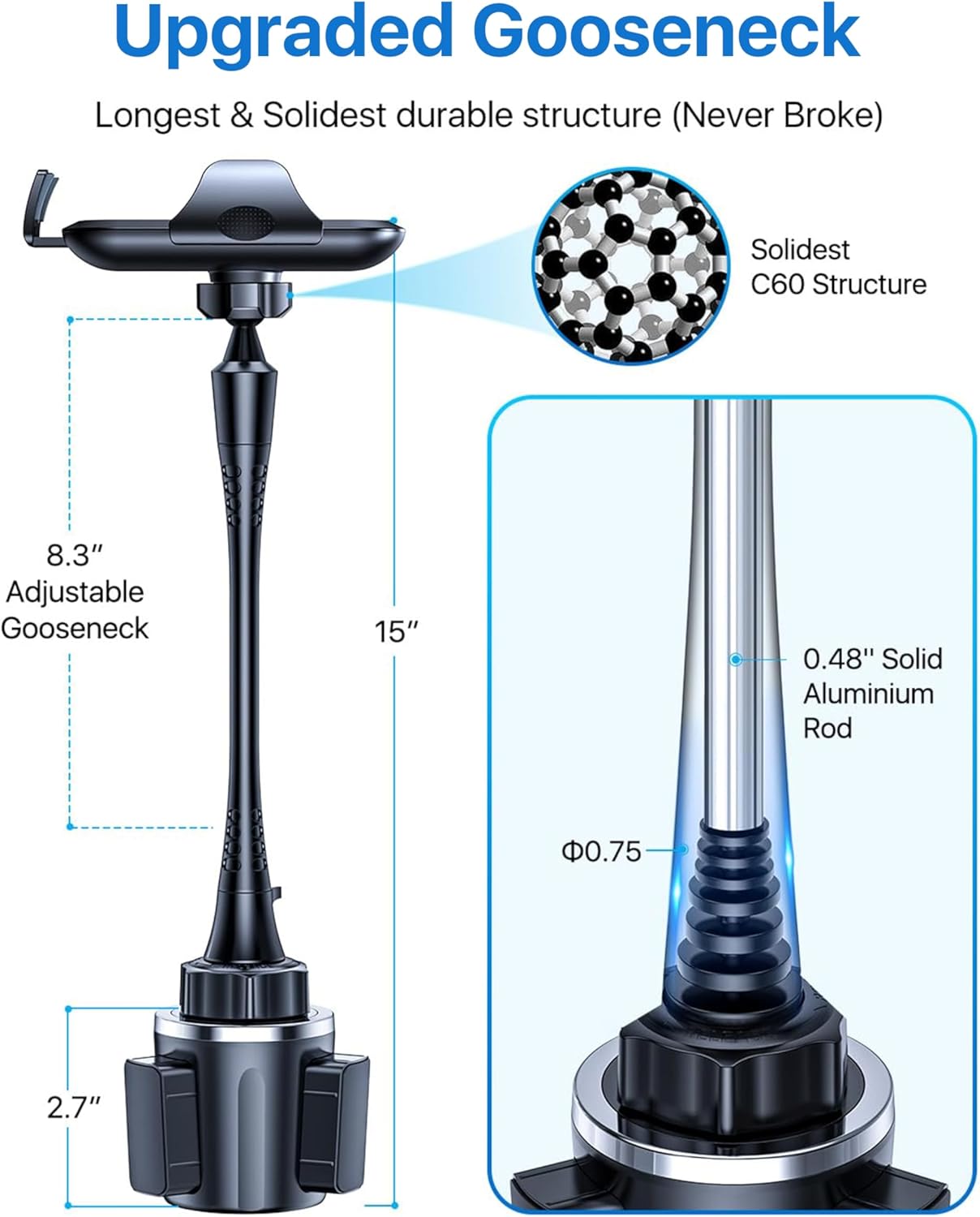 andobil Upgraded, Solidest 15in Cup Phone Holder for Car, Stable & Adjustable, Long Gooseneck Car Phone Holders for Your Car Truck Fit for iPhone 16 Pro Max 15 14 13 12 Pro Max, All Cell Phones