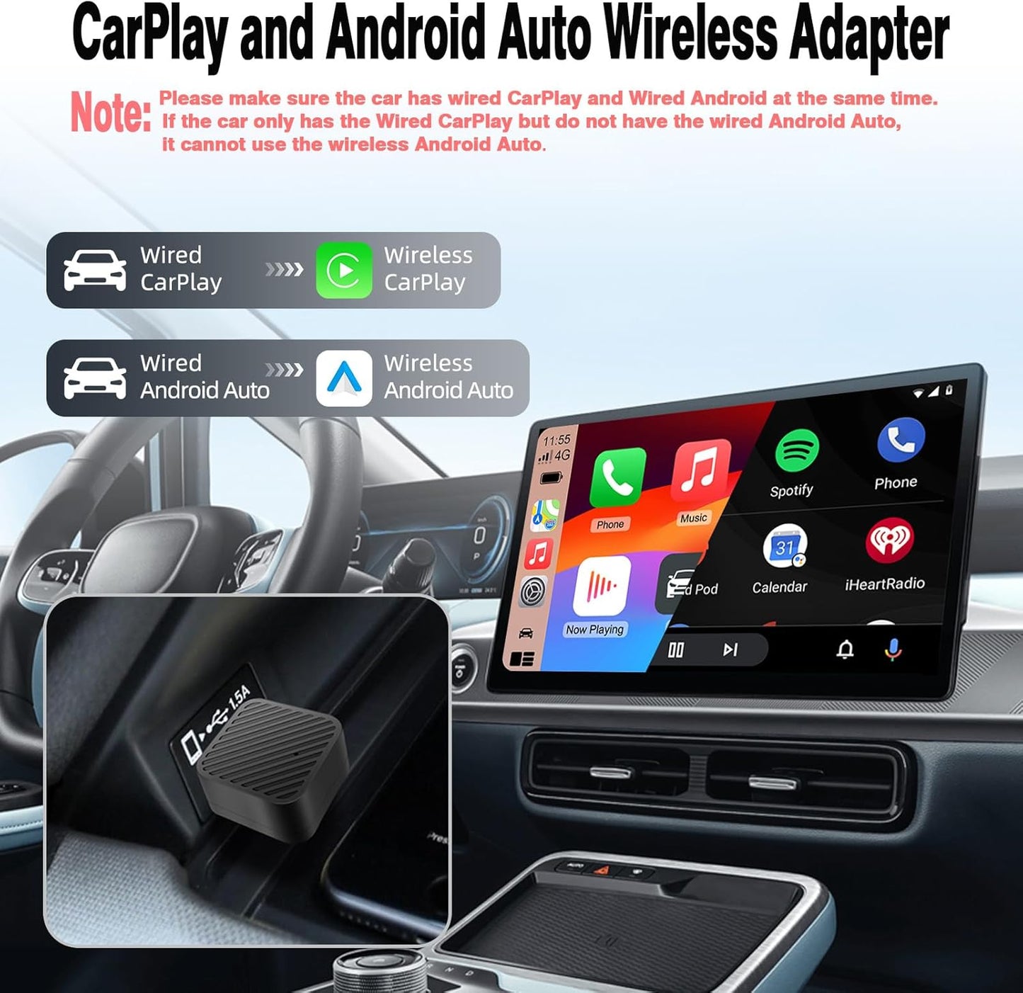 Mini Wireless CarPlay Adapter for iPhone, 2 in 1 CarPlay and Android Auto Wireless Adapter for Cars, Wired to Wireless, Plug & Play, Stable Fast Connection for Android 11+ and CarPlay iOS 10+