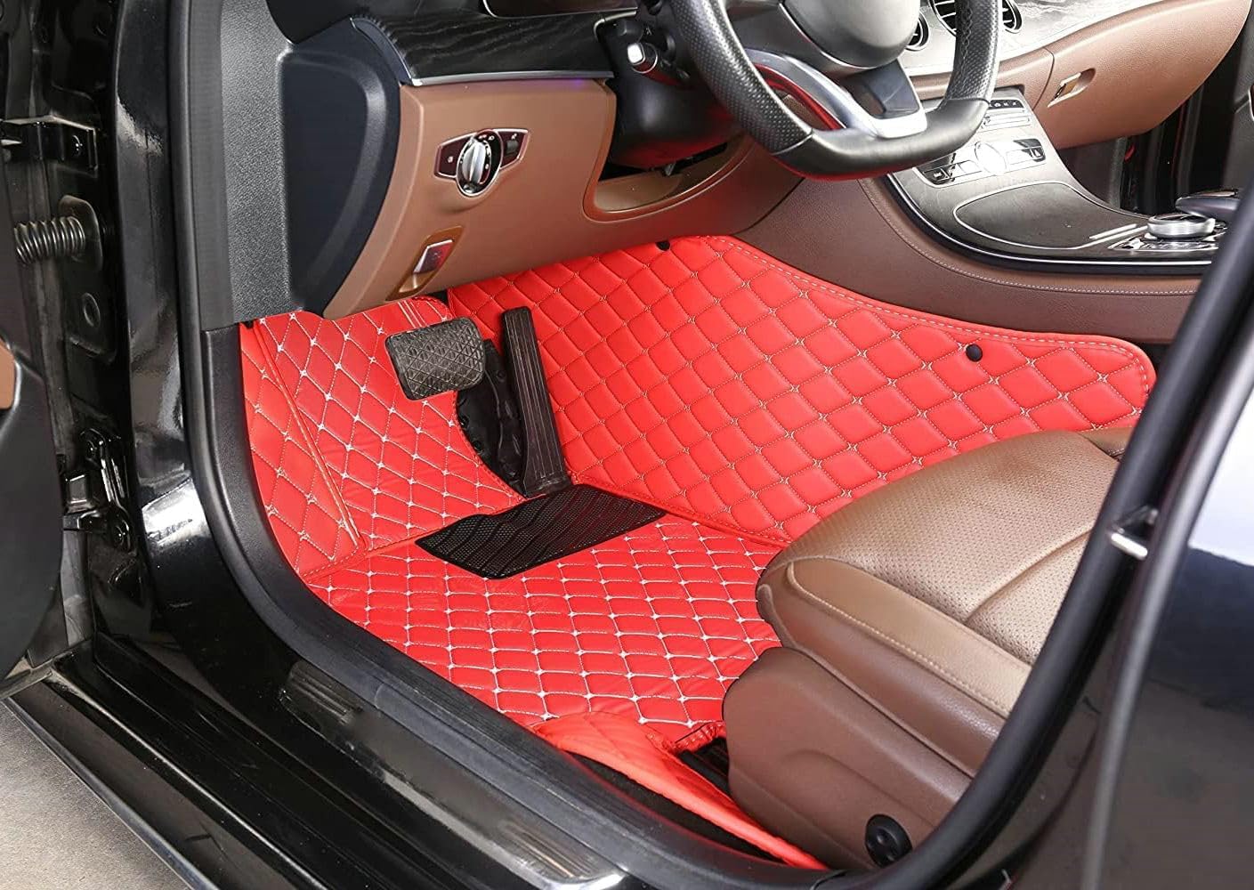 Custom Artificial Leather Waterproof All-Weather Car Floor Mats Fit for 99% Sedan SUV Sports Car Vehicle Car Mat (Black red bar)