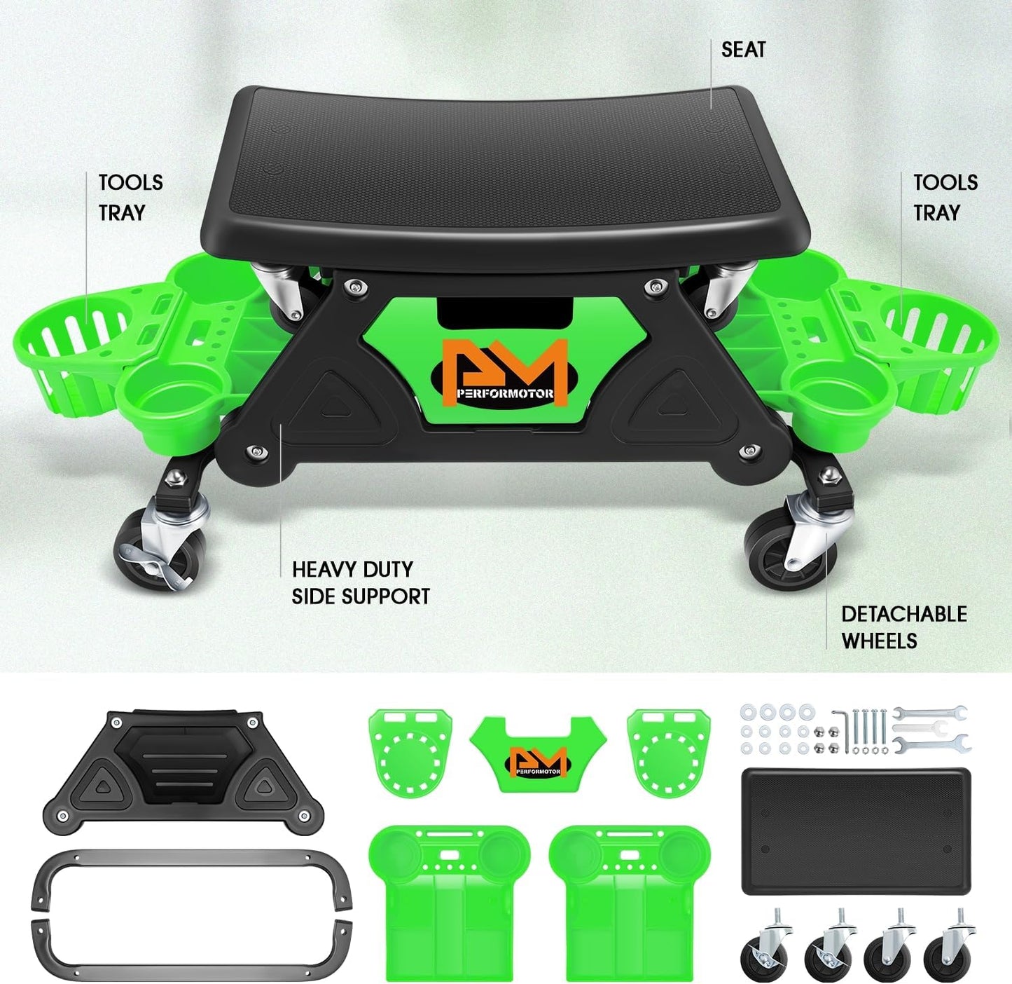 PM PERFORMOTOR Mechanic Stool - 25-1/2" x 13" x 12" (L x H x W), Rolling Work Seat w/Lockable Swivel Wheels and Storage Tool Tray, Green,PM-TOL-CRS-GR
