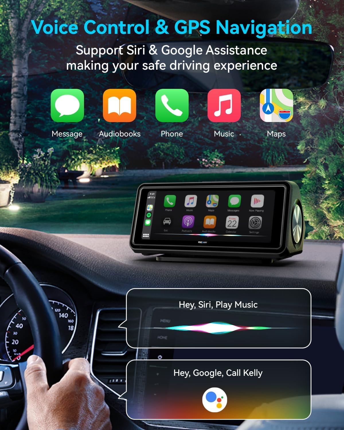 Portable Apple Carplay Screen for Car, Touch Screen with Wireless Android Auto, Car Audio Receivers with Voice Control, Mirror Link, Music Play, GPS Navigation, Built-in Customized Speakers (Black)