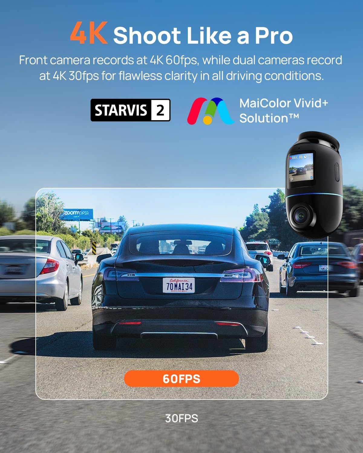 70mai Dual Dash Cam Front and Rear 4K, Car Camera for Cars with Sony IMX678, STARVIS 2 Night Vision, 4G LTE, AI Motion Detection, ADAS, 5GHz Wi-Fi 6, Parking Monitor, Voice Control (4K Omni X800)