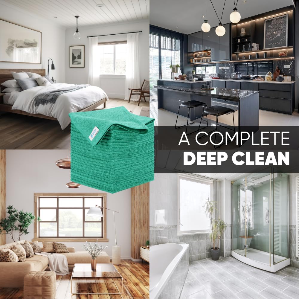 16" x 16" All Purpose Microfiber Towels - 50 Pack - Reusable Wash Cloths, Dust, Kitchen, Car, Shop Rags for Cleaning (Green)