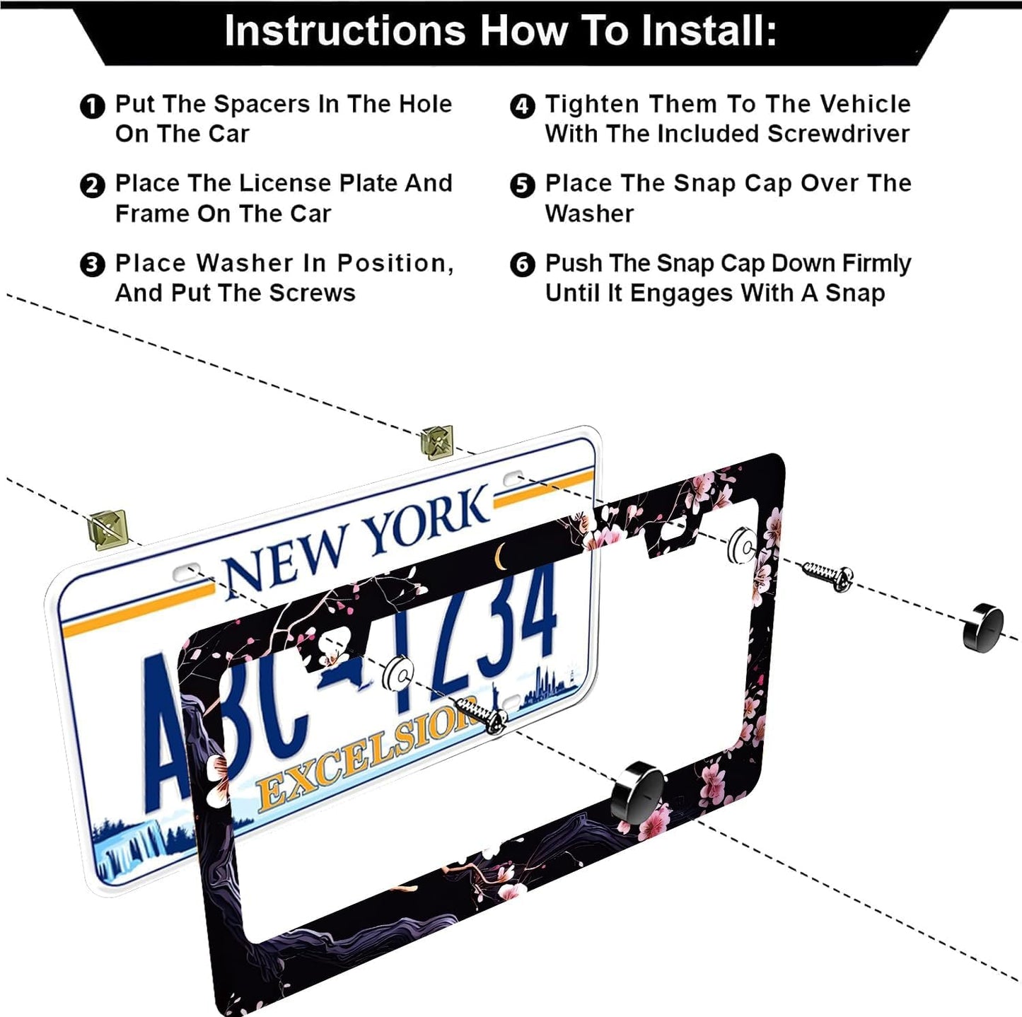 Watercolor Cherry Blossom License Plate Frames - 2 Pcs Set 2 Holes Stainless Steel Metal Auto Car Accessories Decoration License Plate Frame Cover Size 6.3" x 12.2" Fit US Vehicles for Women Men Gift