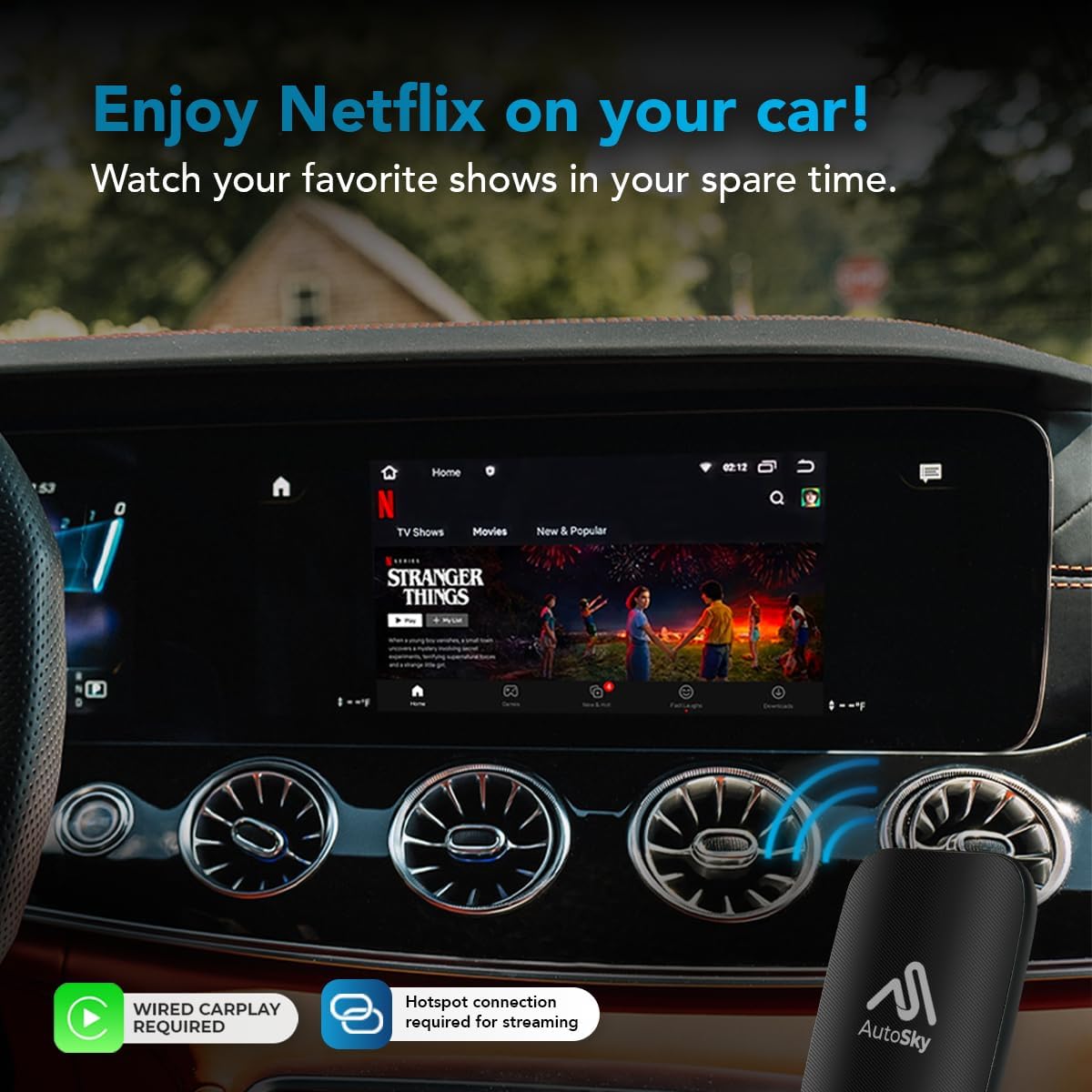AutoSky Wireless CarPlay and Android Auto AI Box Lite for Factory Wired CarPlay Cars - Supports Netflix and YouTube Must use Hotspot - Go Wireless CarPlay and Android Auto. Wired CarPlay Required