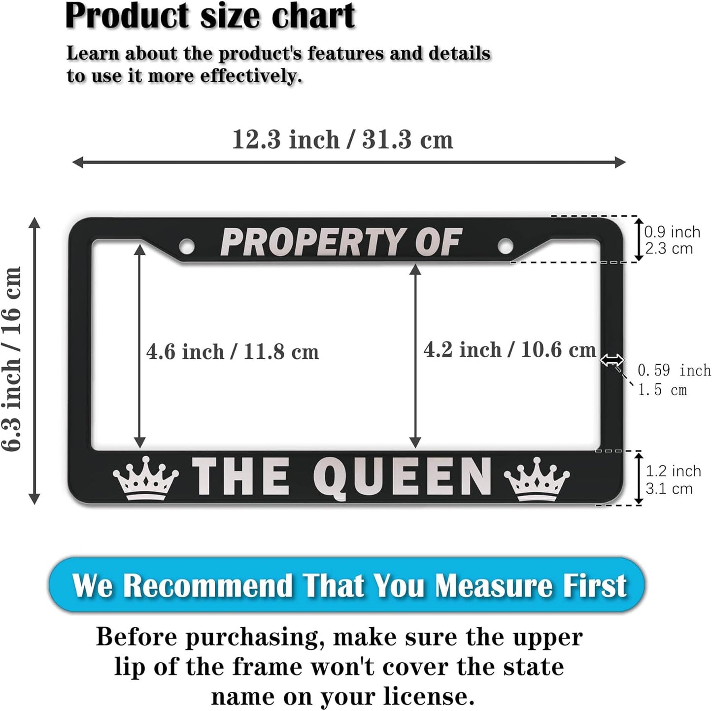 License Plate Frame Black and White License Plate Holder Property of The Queen Universal Aluminum Car Accessory 2 Pack with Screw Covers Set